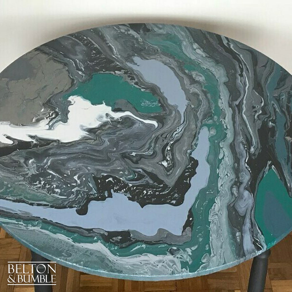 Dark Grey Dining Table and Four Chair Set with Acrylic Paint Pour on the Top of Table.-Belton & Bumble