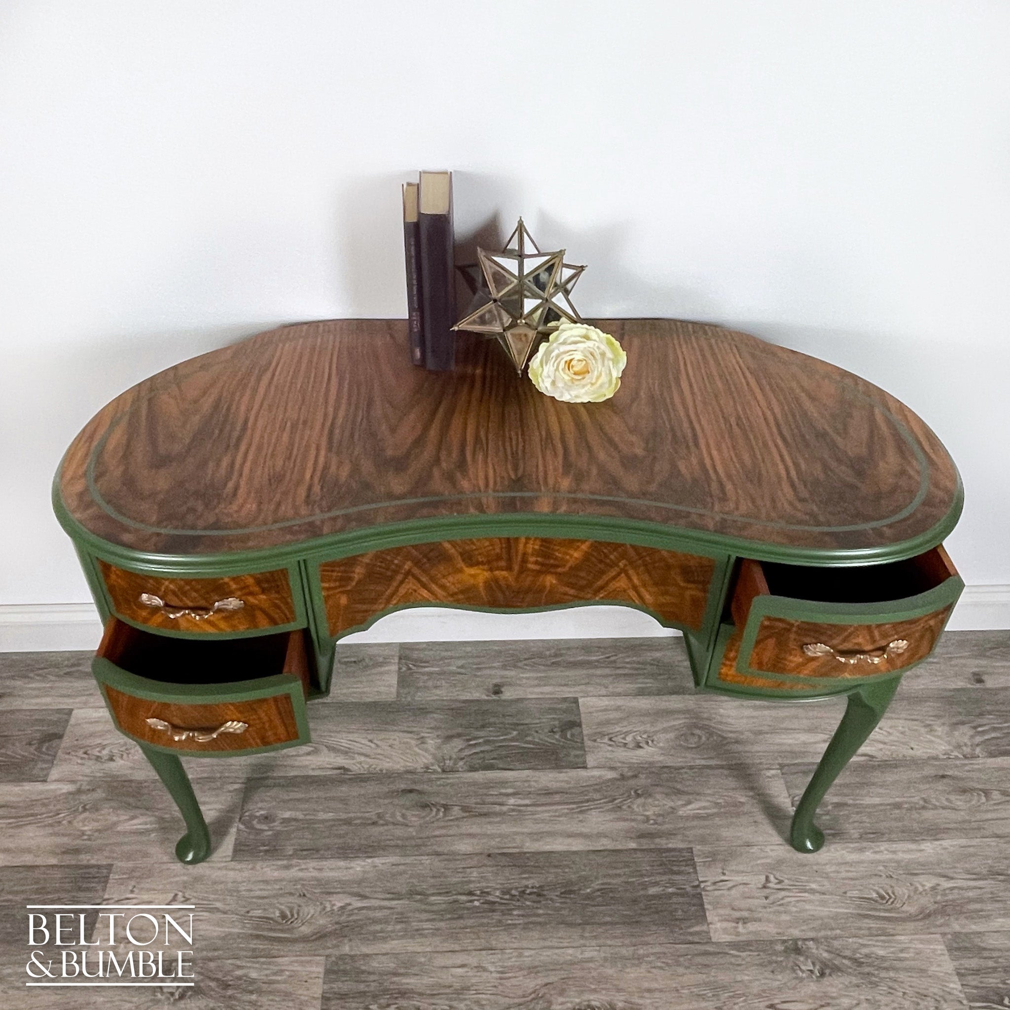 Kidney Shaped Desk In Walnut With Farrow & Ball Painted Detail-Belton & Bumble