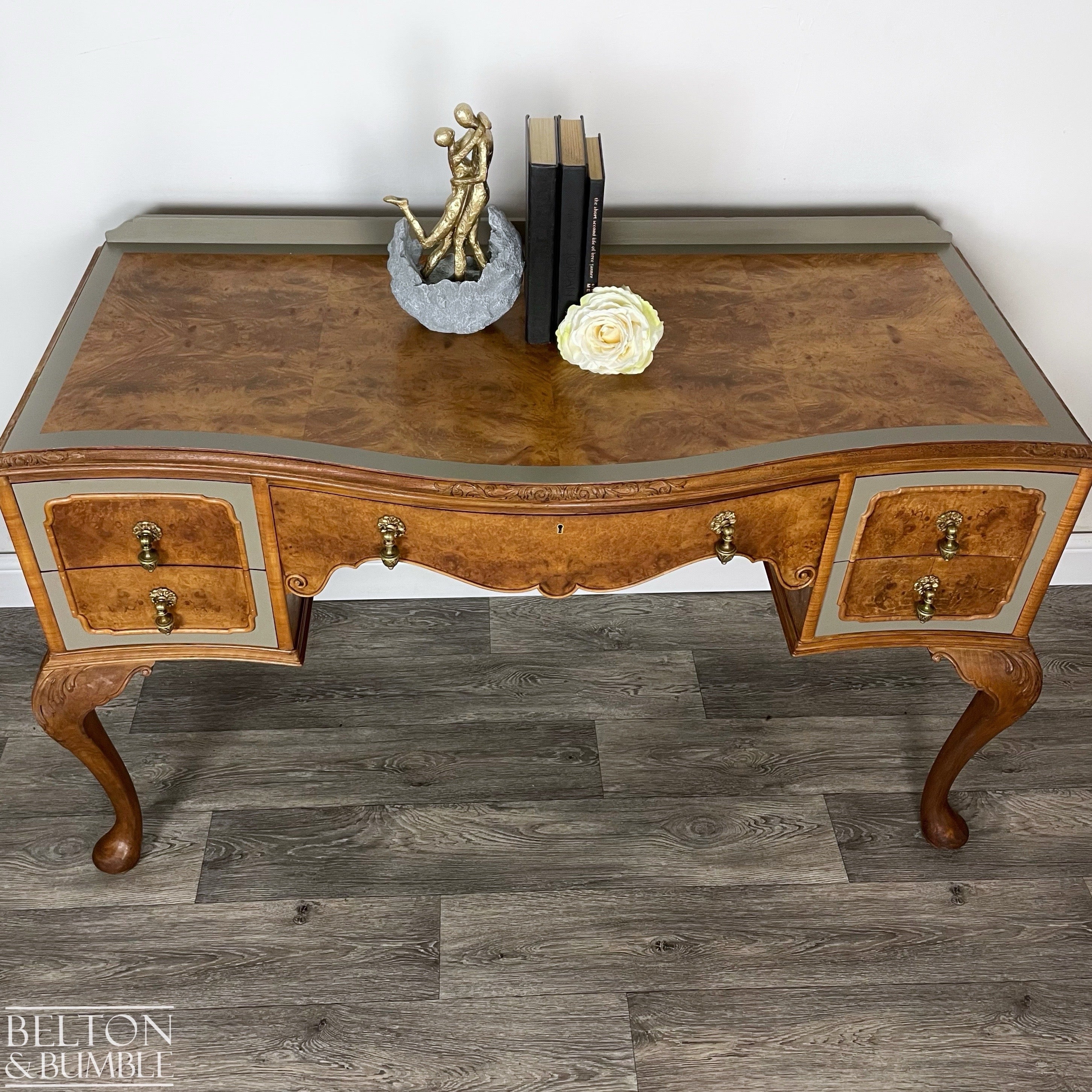 Large Cherry & Burr Cut Veneer Desk / Dressing Table in Green Grey-Belton & Bumble