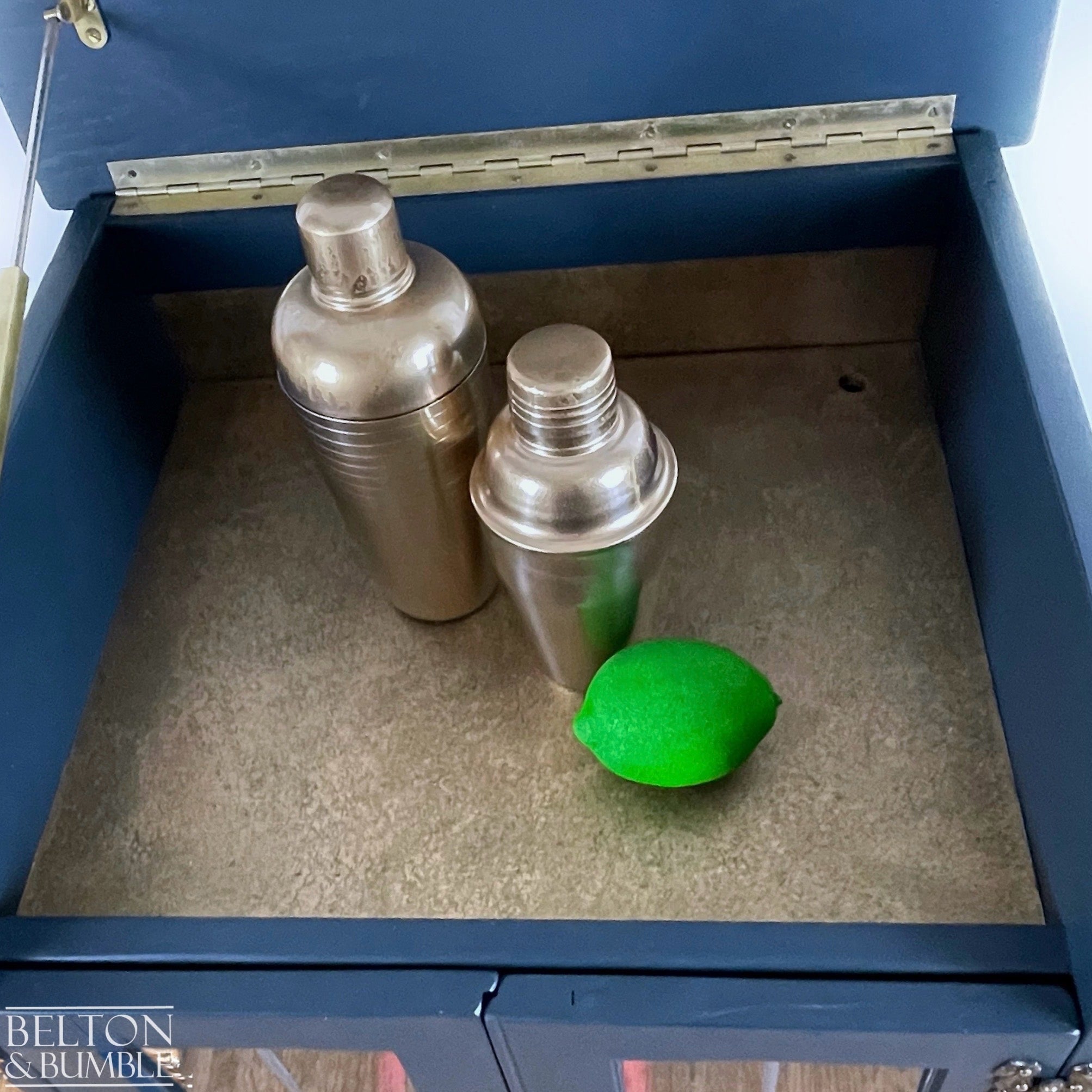 Solid Wood Carved Navy and Gold Cocktail Drinks Cabinet