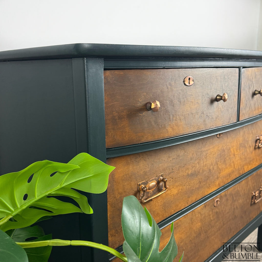 Bow Fronted Four Drawer Bird’s Eye Maple Chest of Drawers in Green