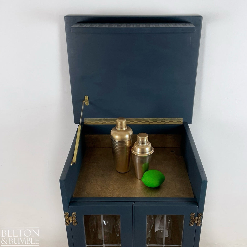 Solid Wood Carved Navy and Gold Cocktail Drinks Cabinet