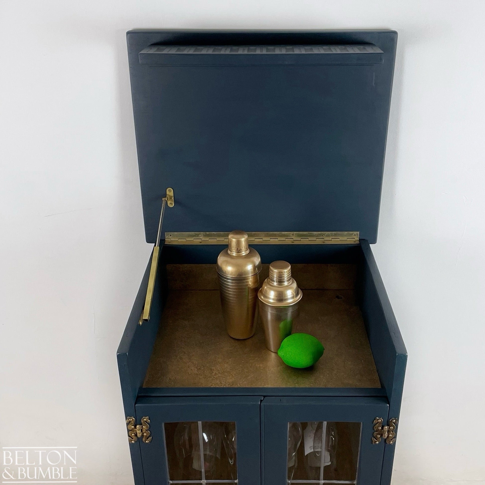 Solid Wood Carved Navy and Gold Cocktail Drinks Cabinet