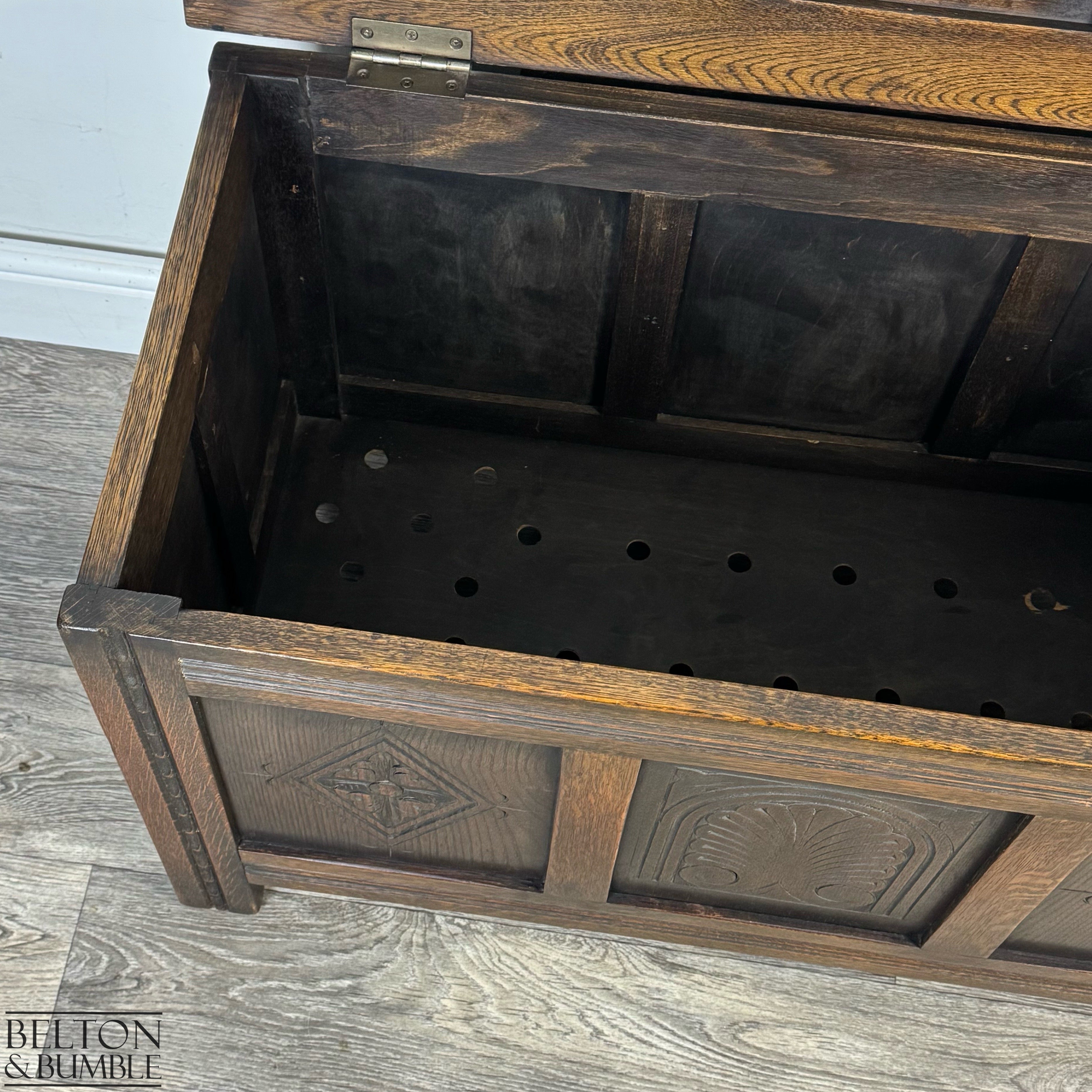 Vintage Oak Carved Panel Blanket Box, Storage Chest Coffer