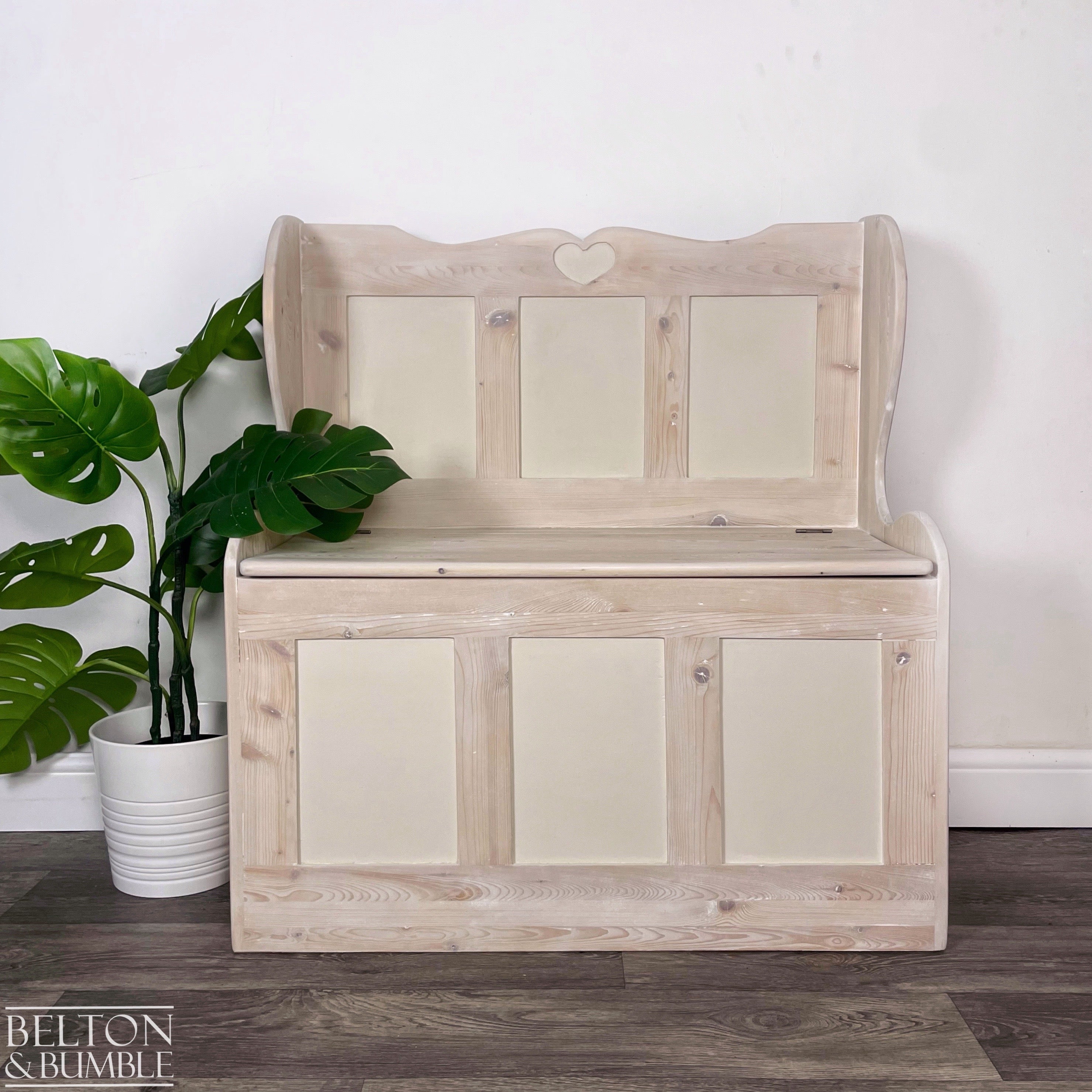 Pine Lift Lid Storage Bench Pew with a White Wash Weathered Finish-Belton & Bumble