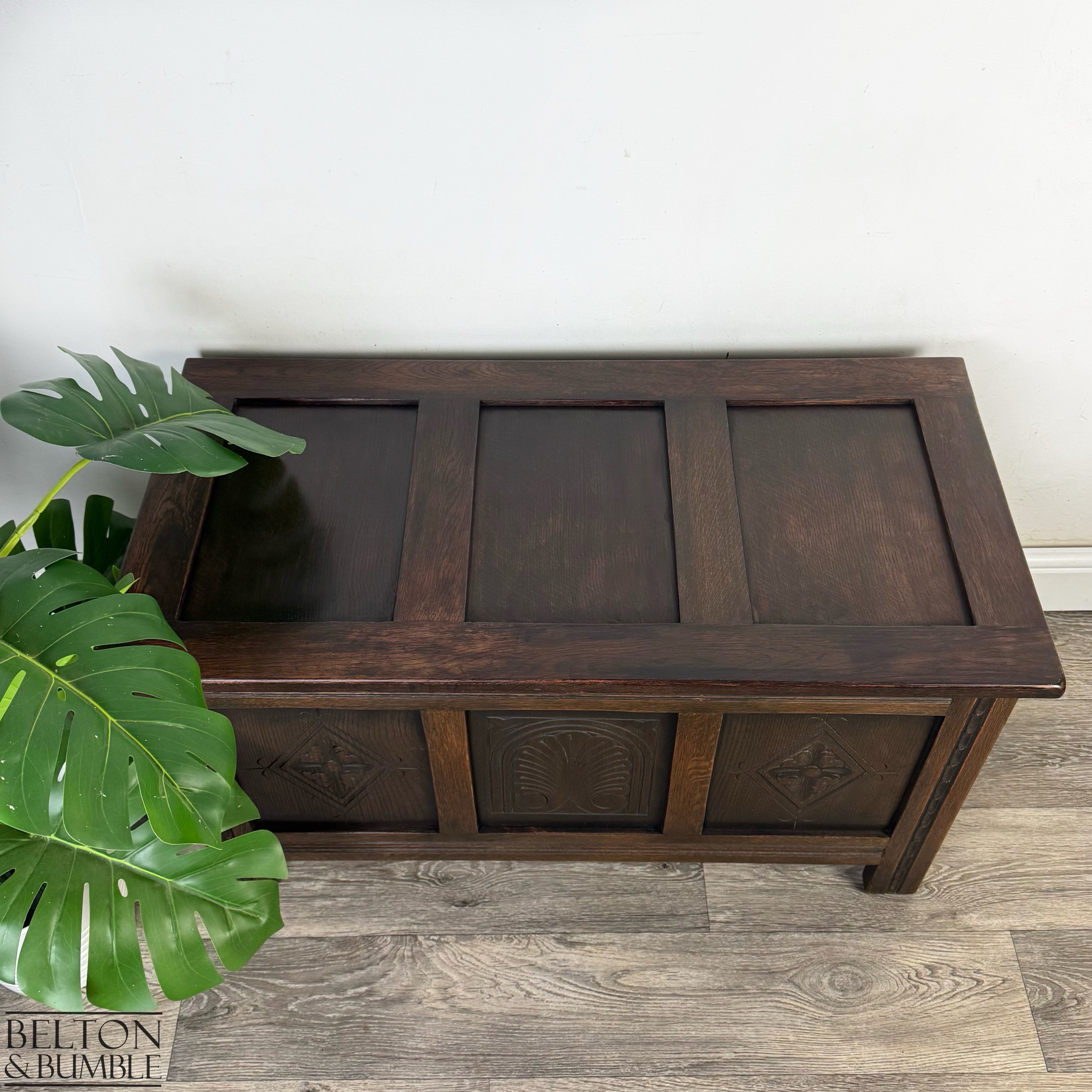 Vintage Oak Carved Panel Blanket Box, Storage Chest Coffer