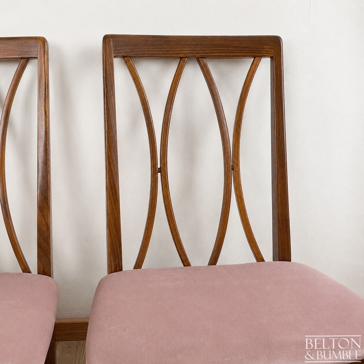 Set of Four Modern G-Plan Curve Back Teak & Afrormosia Dining Chairs by E. Gomme with Dusky Pink Velvet, 1970’s