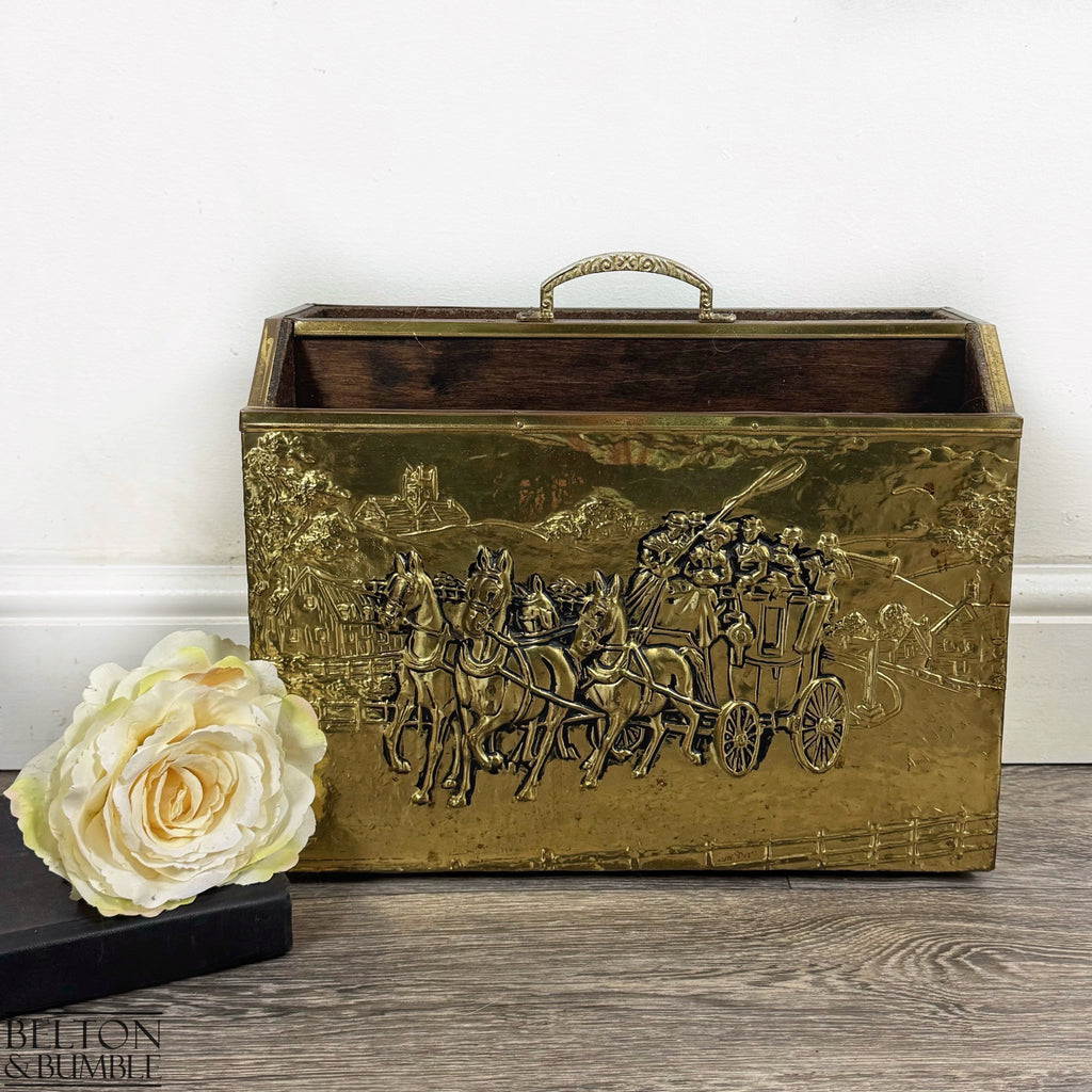 Vintage Brass Coaching Scene Magazine Rack by Lombard