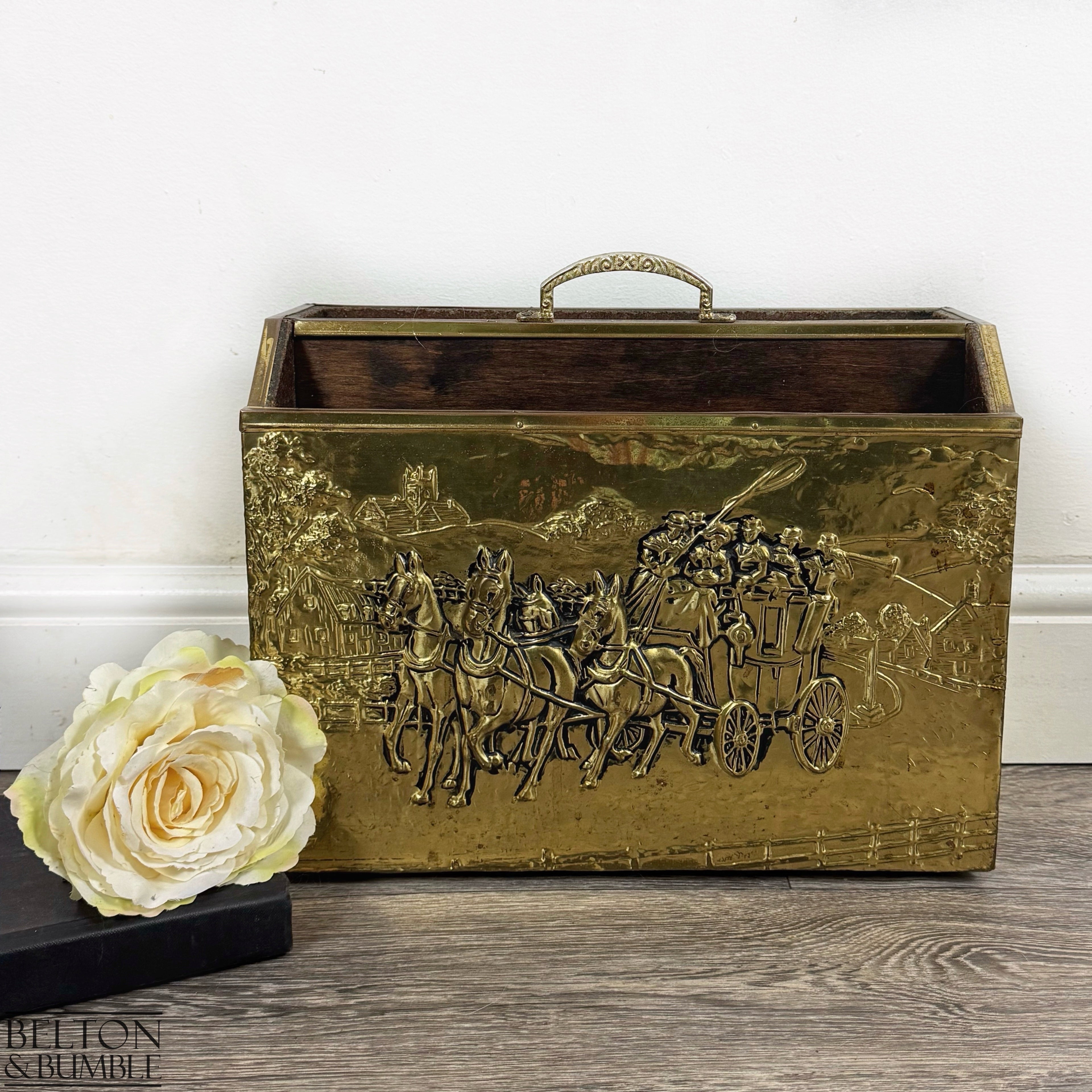 Vintage Brass Coaching Scene Magazine Rack by Lombard