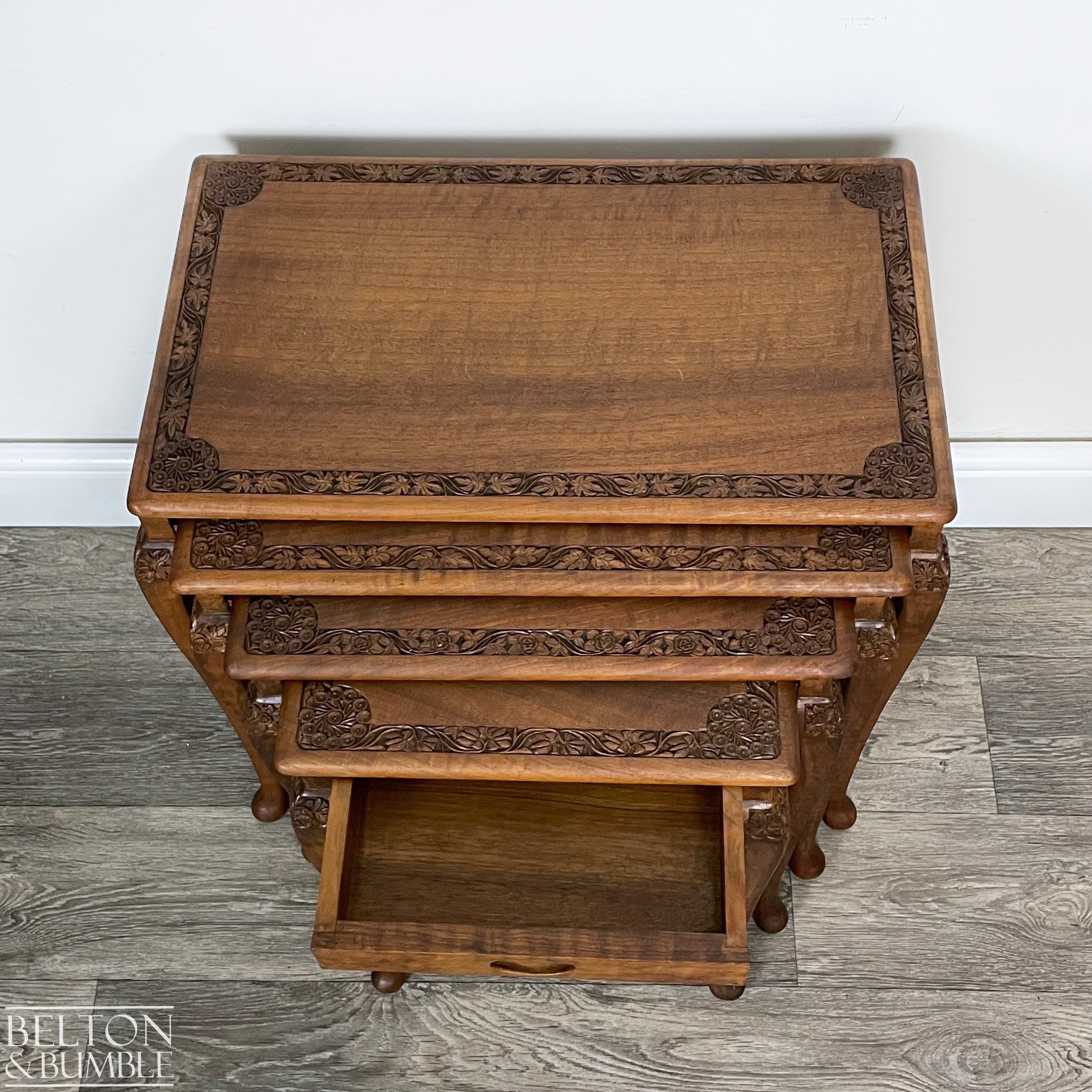 Set of Four Ornate Nesting Tables with Drawer Detail-Belton & Bumble