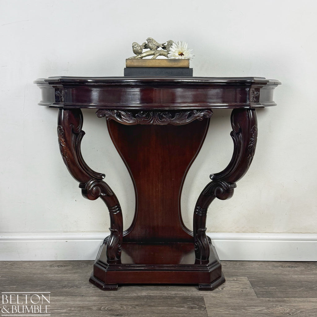 Reproduction Victorian Mahogany Serpentine Hallway Console Table with Carved Scroll Detail