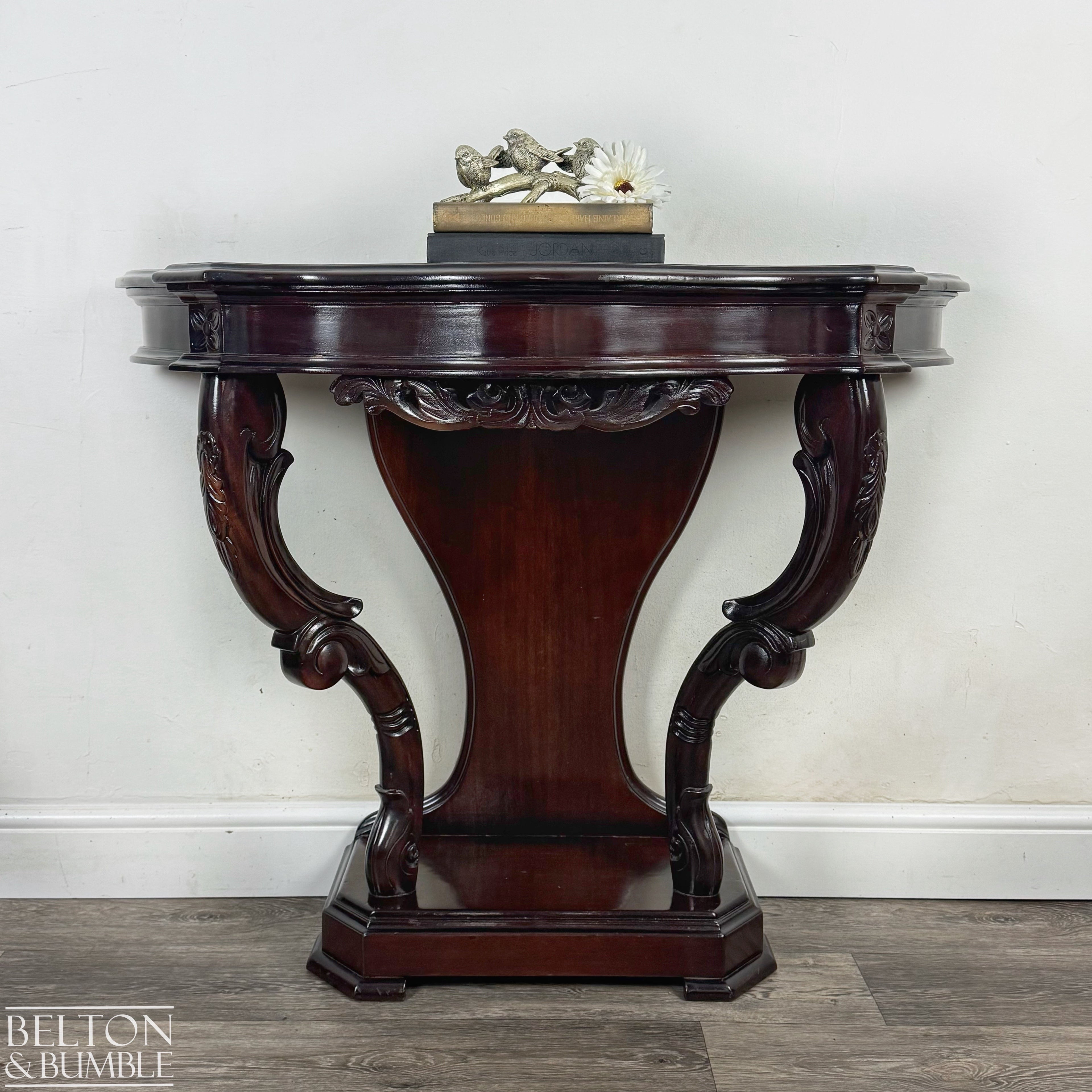 Reproduction Victorian Mahogany Serpentine Hallway Console Table with Carved Scroll Detail