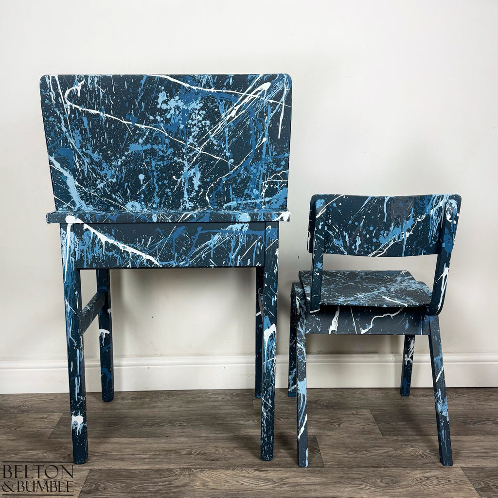 Old School Lift Lid Child’s Writing Desk and Chair in Navy Blue with Multi Coloured Details