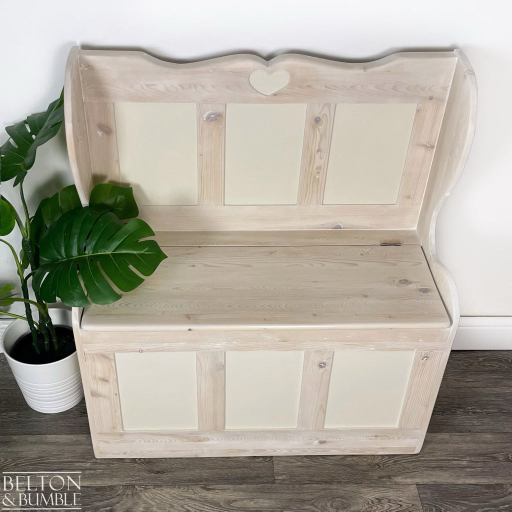 Pine Lift Lid Storage Bench Pew with a White Wash Weathered Finish-Belton & Bumble