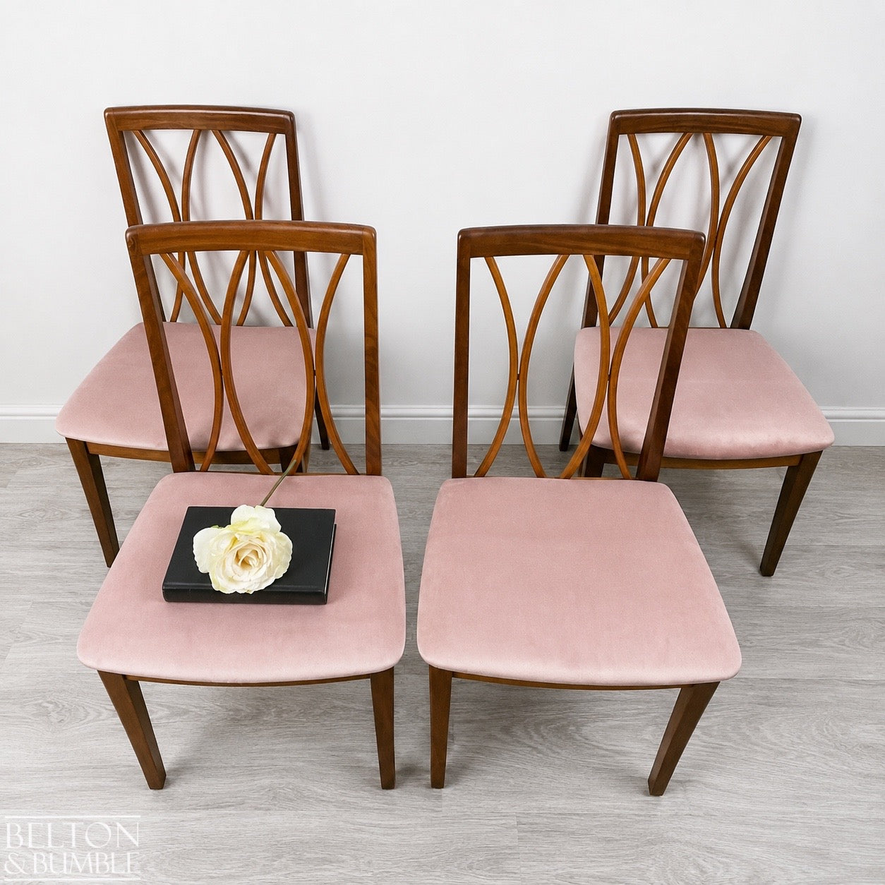 Set of Four Modern G-Plan Curve Back Teak & Afrormosia Dining Chairs by E. Gomme with Dusky Pink Velvet, 1970’s