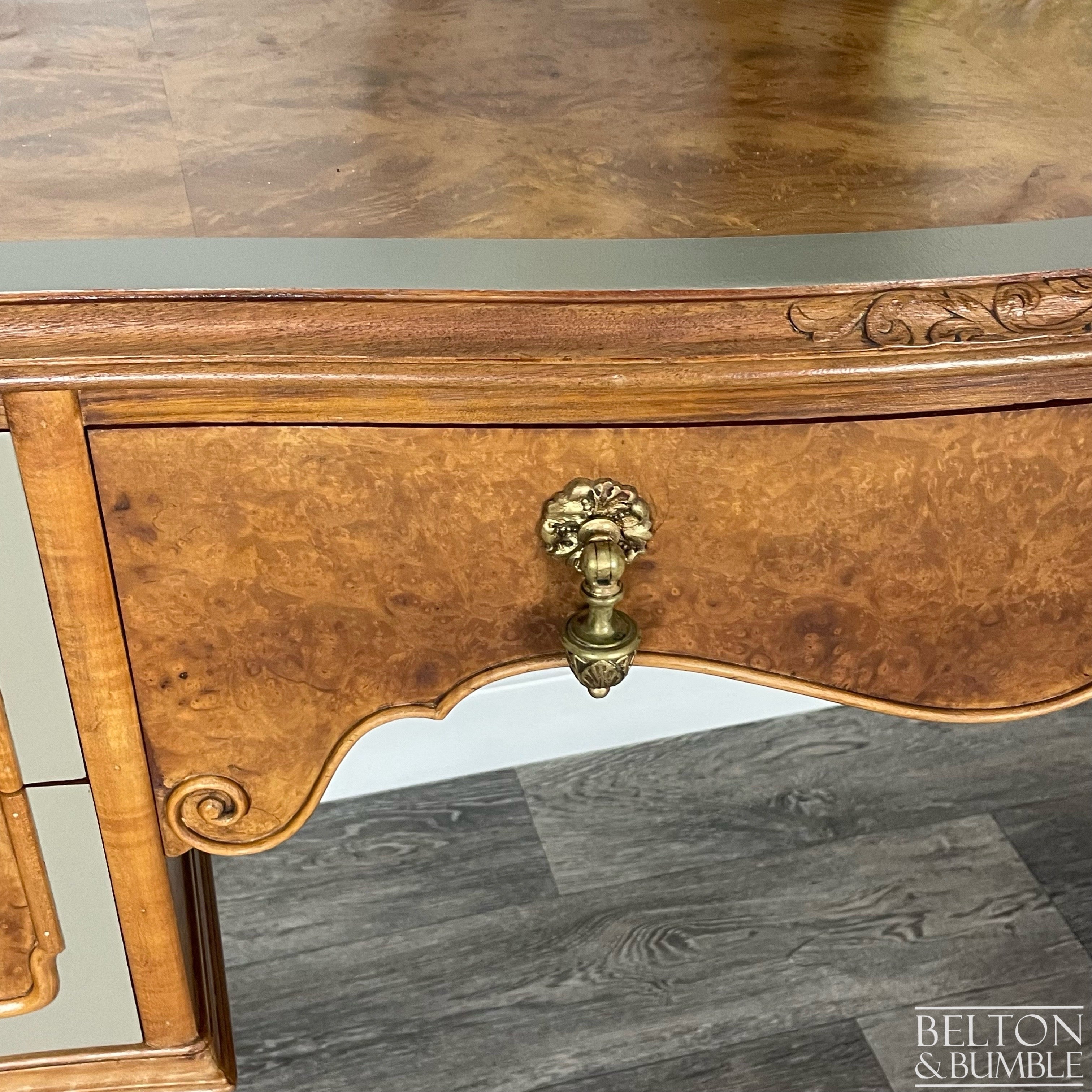Large Cherry & Burr Cut Veneer Desk / Dressing Table in Green Grey-Belton & Bumble