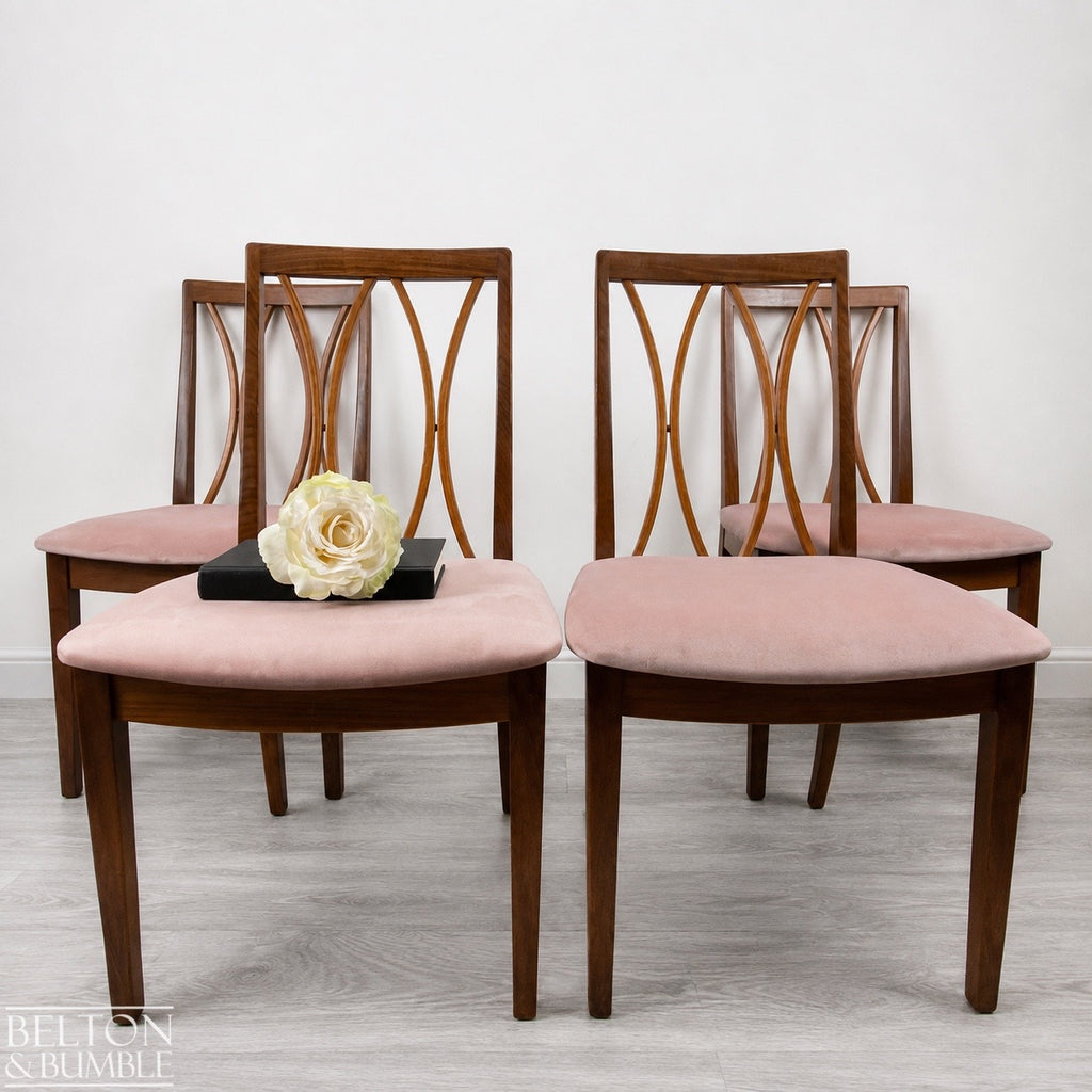Set of Four Modern G-Plan Curve Back Teak & Afrormosia Dining Chairs by E. Gomme with Dusky Pink Velvet, 1970’s