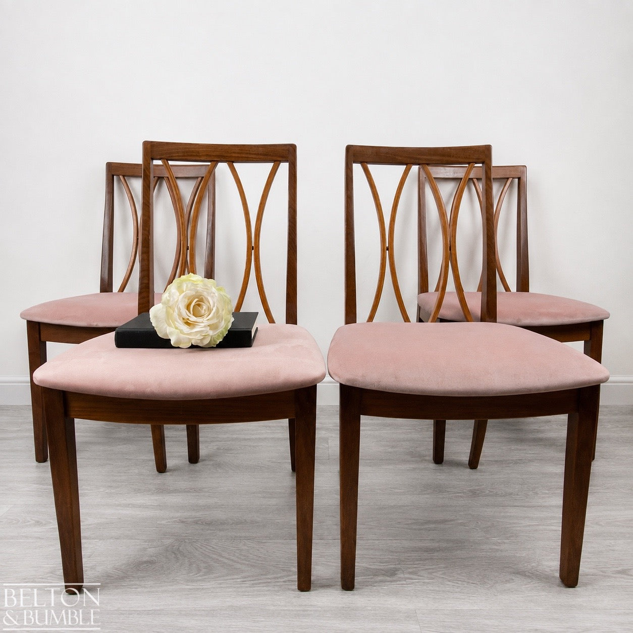 Set of Four Modern G-Plan Curve Back Teak & Afrormosia Dining Chairs by E. Gomme with Dusky Pink Velvet, 1970’s