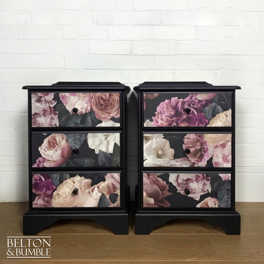 Black Floral Set of Bedside Drawers Set-Belton & Bumble