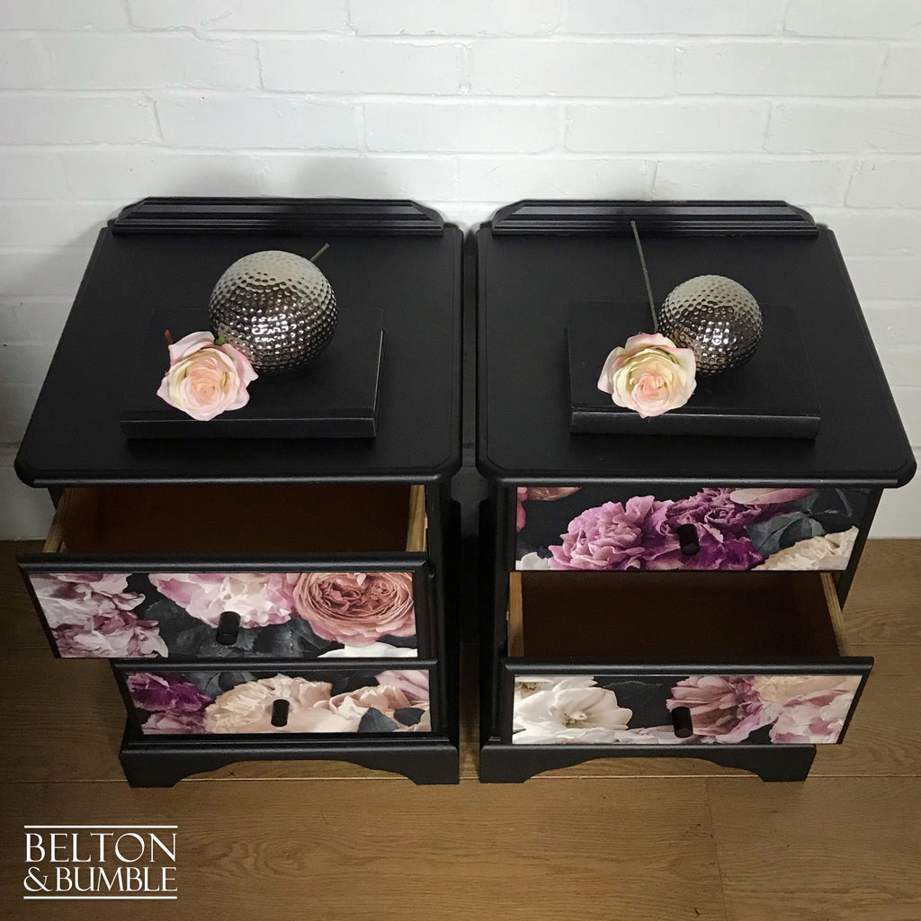 Black Floral Set of Bedside Drawers Set-Belton & Bumble