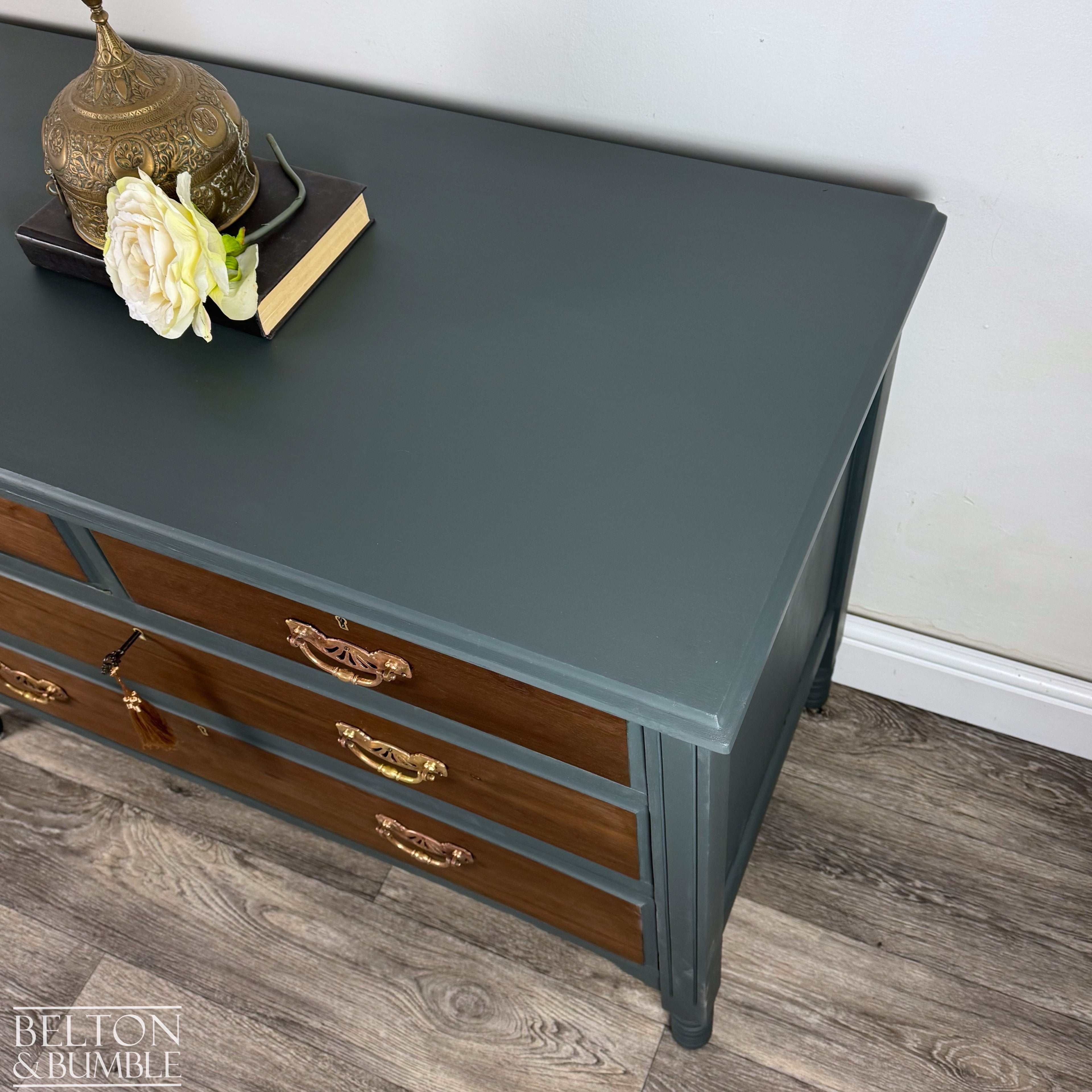 Four Drawer Mahogany Walnut Chest of Drawers in Green - Side profile highlighting depth, leg shape and silhouette