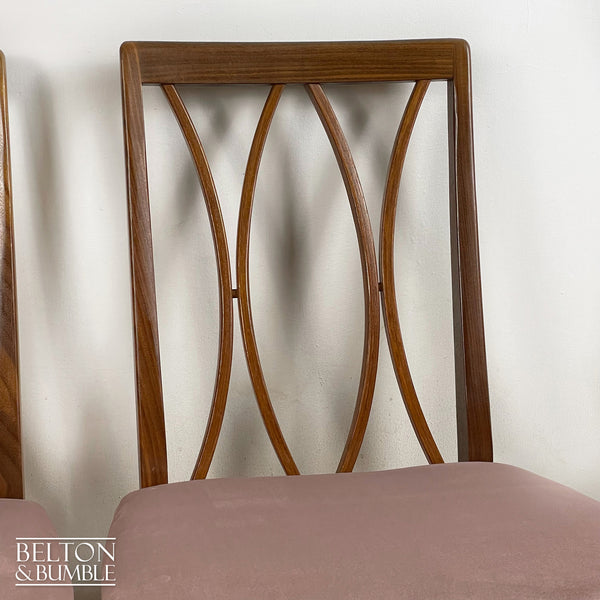 Four G Plan Curve Back Dining Chairs with Dusky Pink Velvet – Close-up of teak and Afrormosia