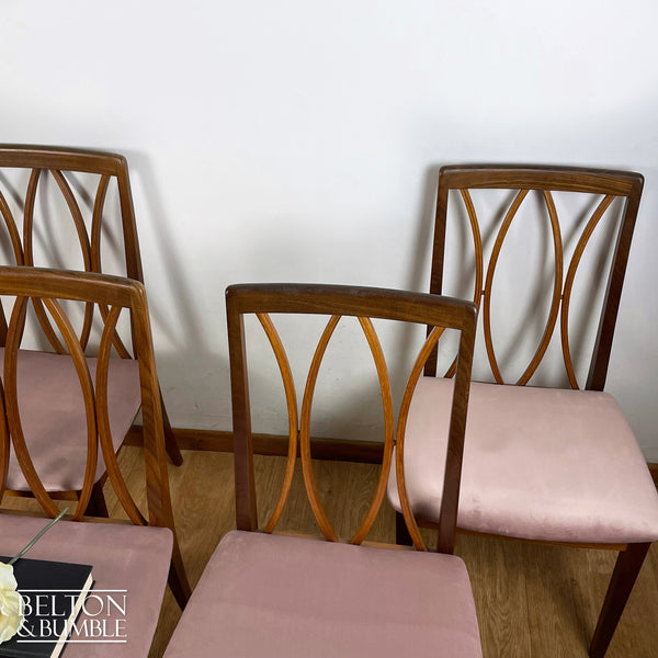 Four G Plan Curve Back Dining Chairs with Dusky Pink Velvet – Restored vintage chairs in teak, dusky pink upholstered seat, wooden backs and legs