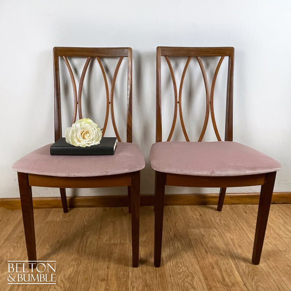 Four G Plan Curve Back Dining Chairs with Dusky Pink Velvet – front view showing overall design