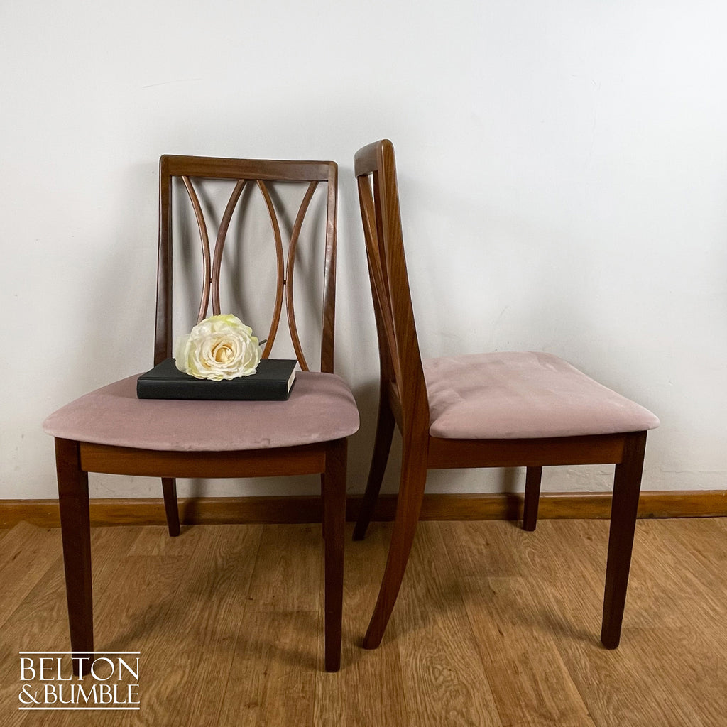 Four G Plan Curve Back Dining Chairs with Dusky Pink Velvet – Side profile highlighting depth, leg shape and silhouette