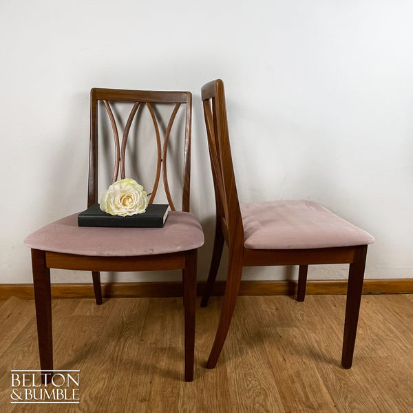 Four G Plan Curve Back Dining Chairs with Dusky Pink Velvet – Side profile highlighting depth, leg shape and silhouette