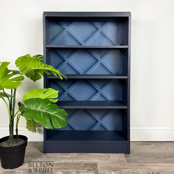 Freestanding Bookcase in Navy Blue with Adjustable Shelves — front view with adjustable shelving positions