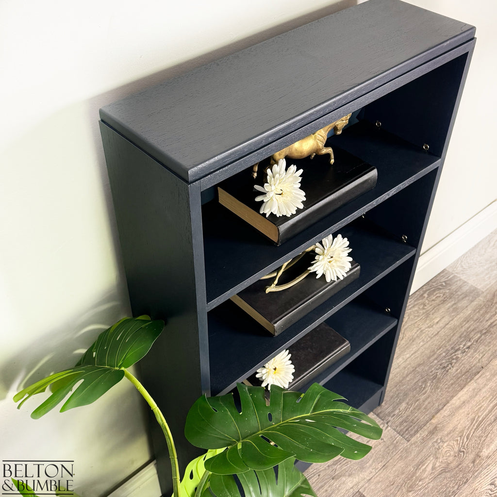 Freestanding Bookcase in Navy Blue with Adjustable Shelves — top view with adjustable shelving positions