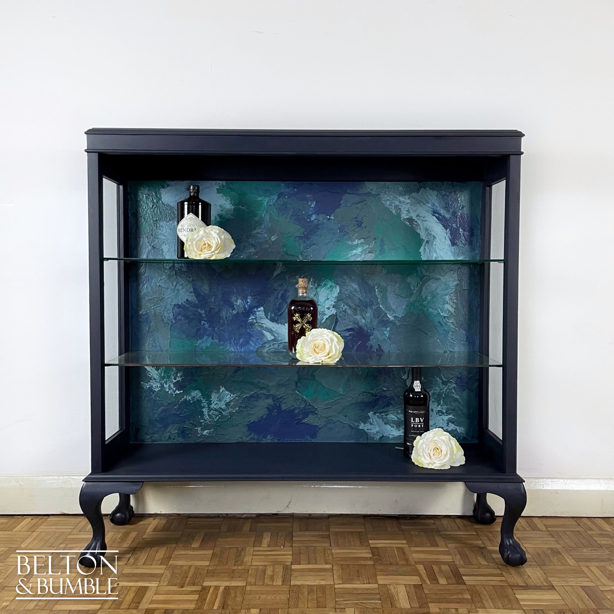 Glass Display Shelving Cabinet in Dark Blue-Belton & Butler
