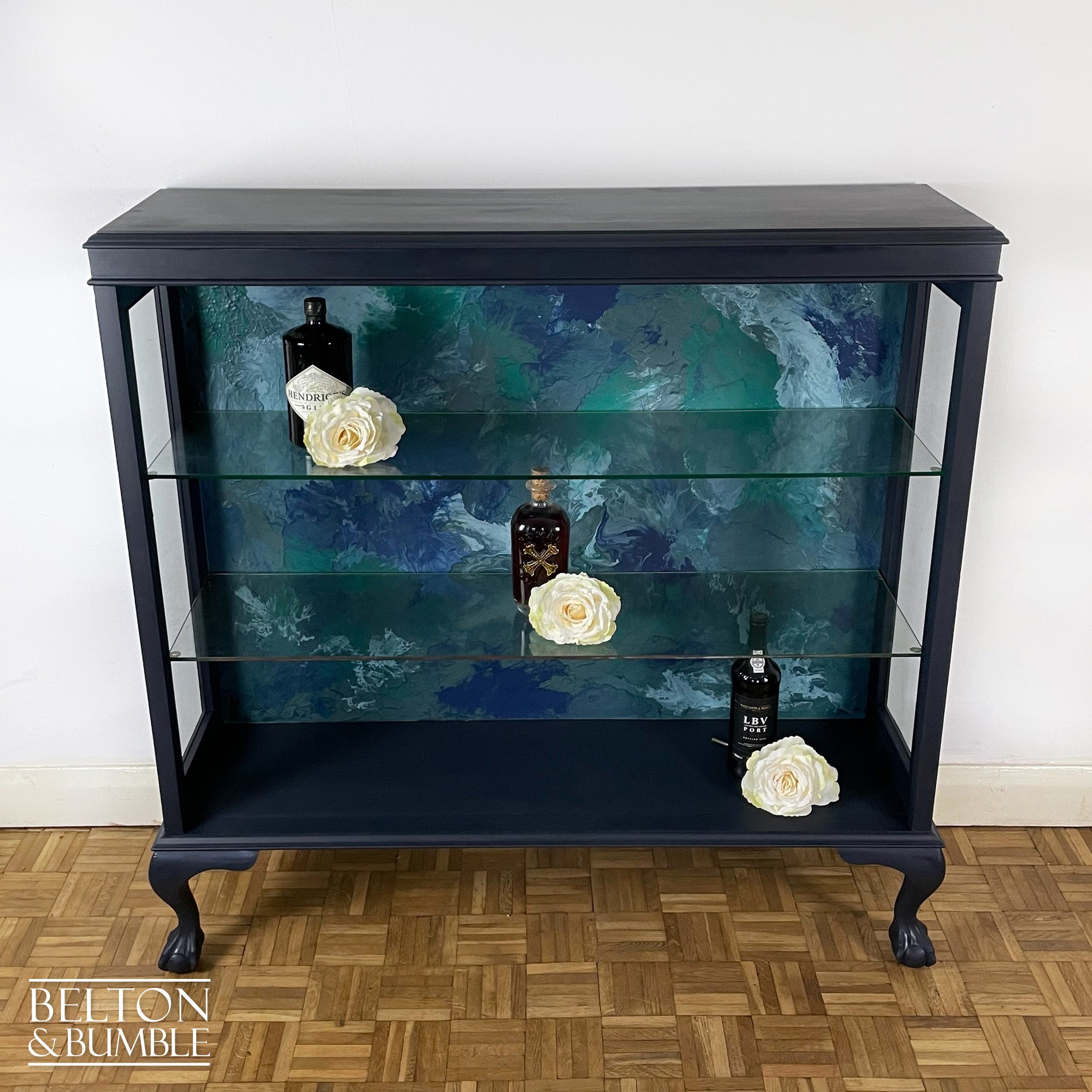 Glass Display Shelving Cabinet in Dark Blue-Belton & Bumble