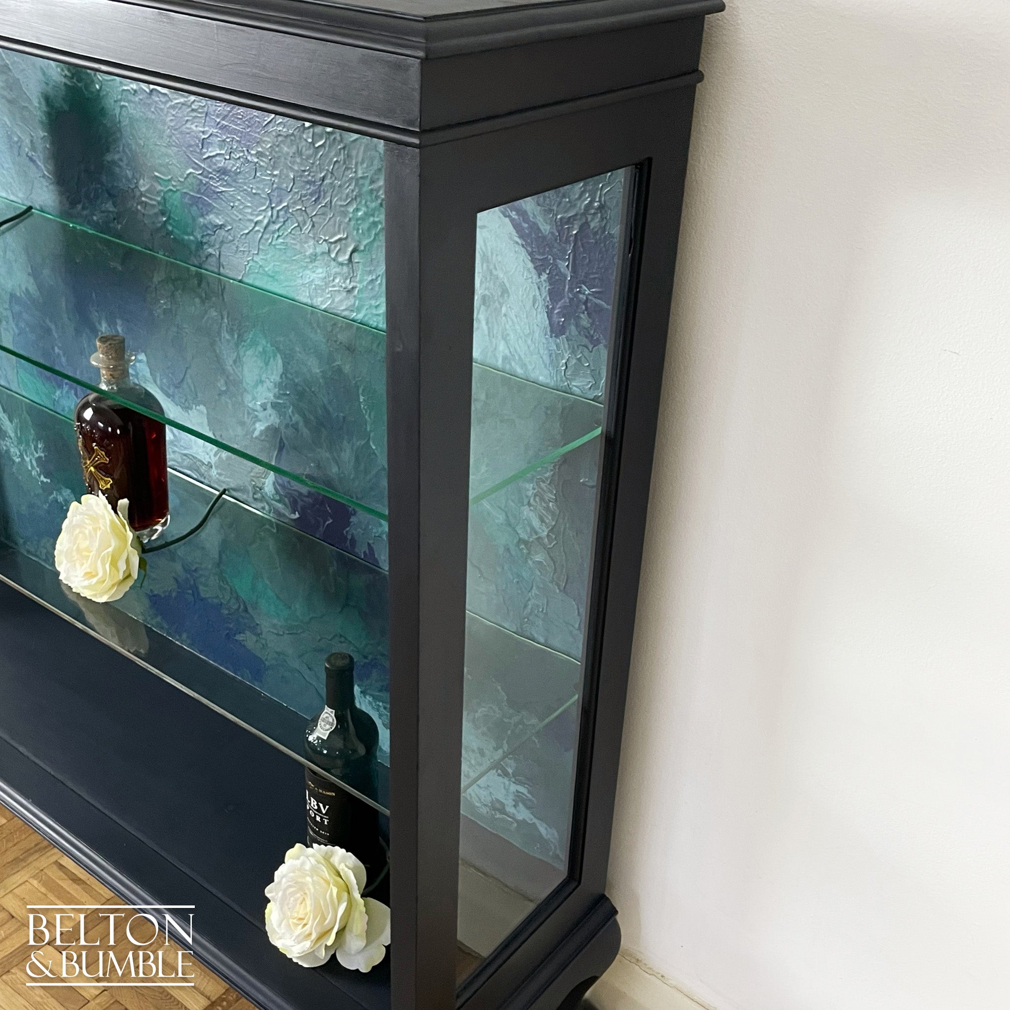 Glass Display Shelving Cabinet in Dark Blue-Belton & Bumble