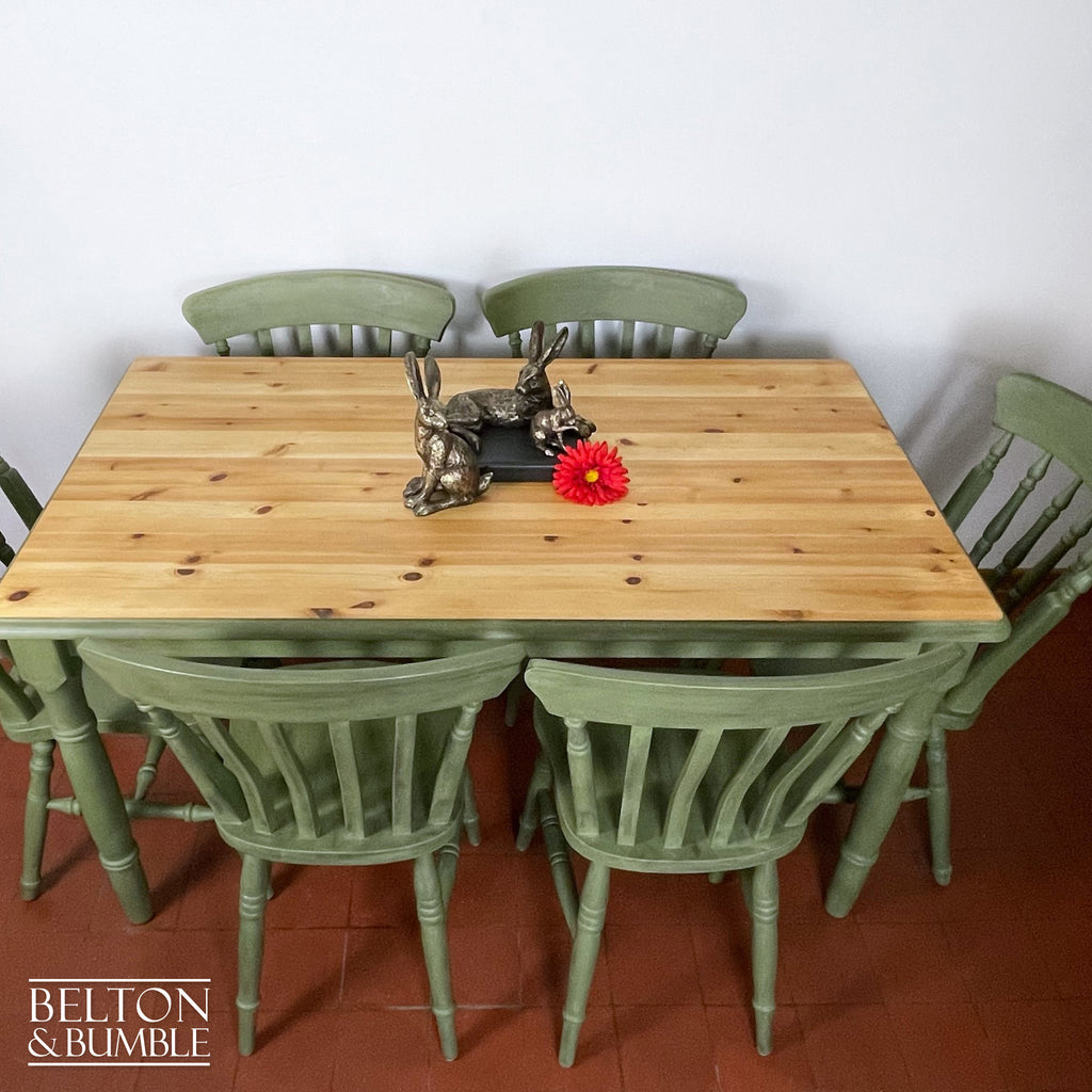 Pine Dining Table and Six Chair Set in Olive Green-Belton & Bumble