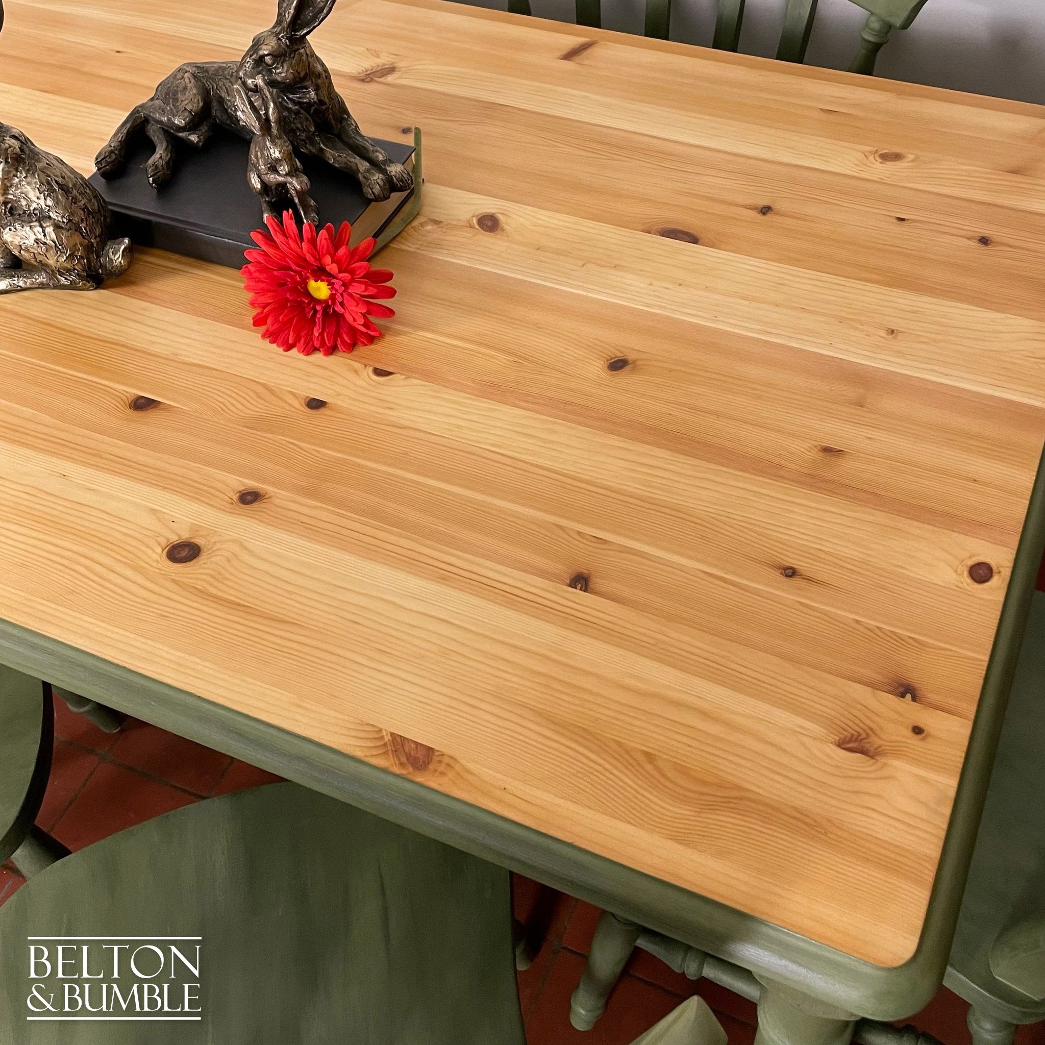 Pine Dining Table and Six Chair Set in Olive Green-Belton & Bumble