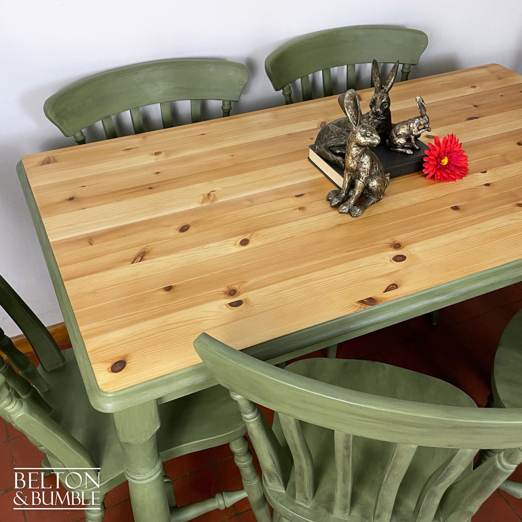 Pine Dining Table and Six Chair Set in Olive Green-Belton & Bumble