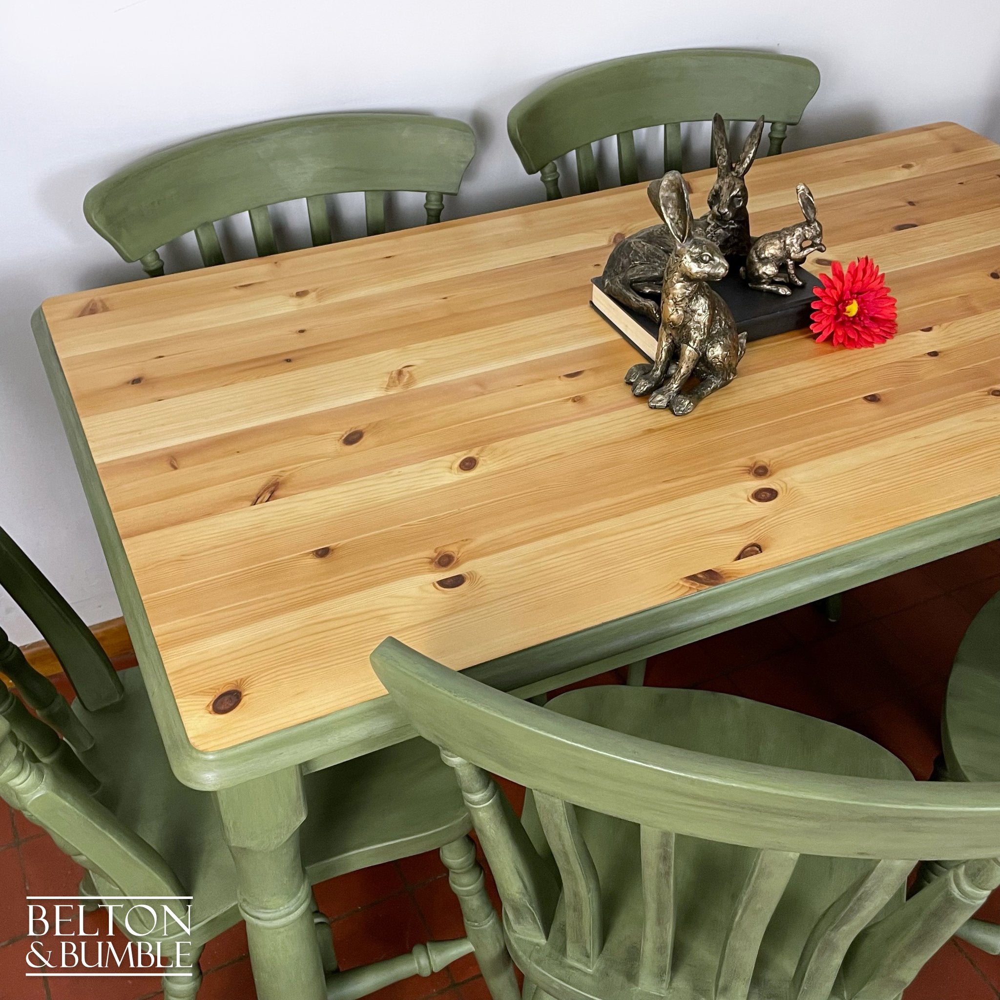 Pine Dining Table and Six Chair Set in Olive Green-Belton & Bumble