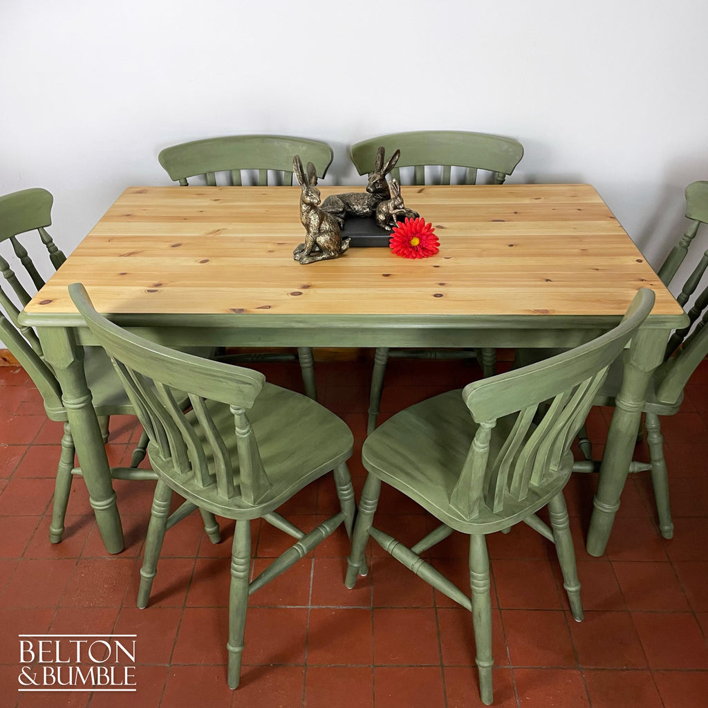 Pine Dining Table and Six Chair Set in Olive Green-Belton & Bumble