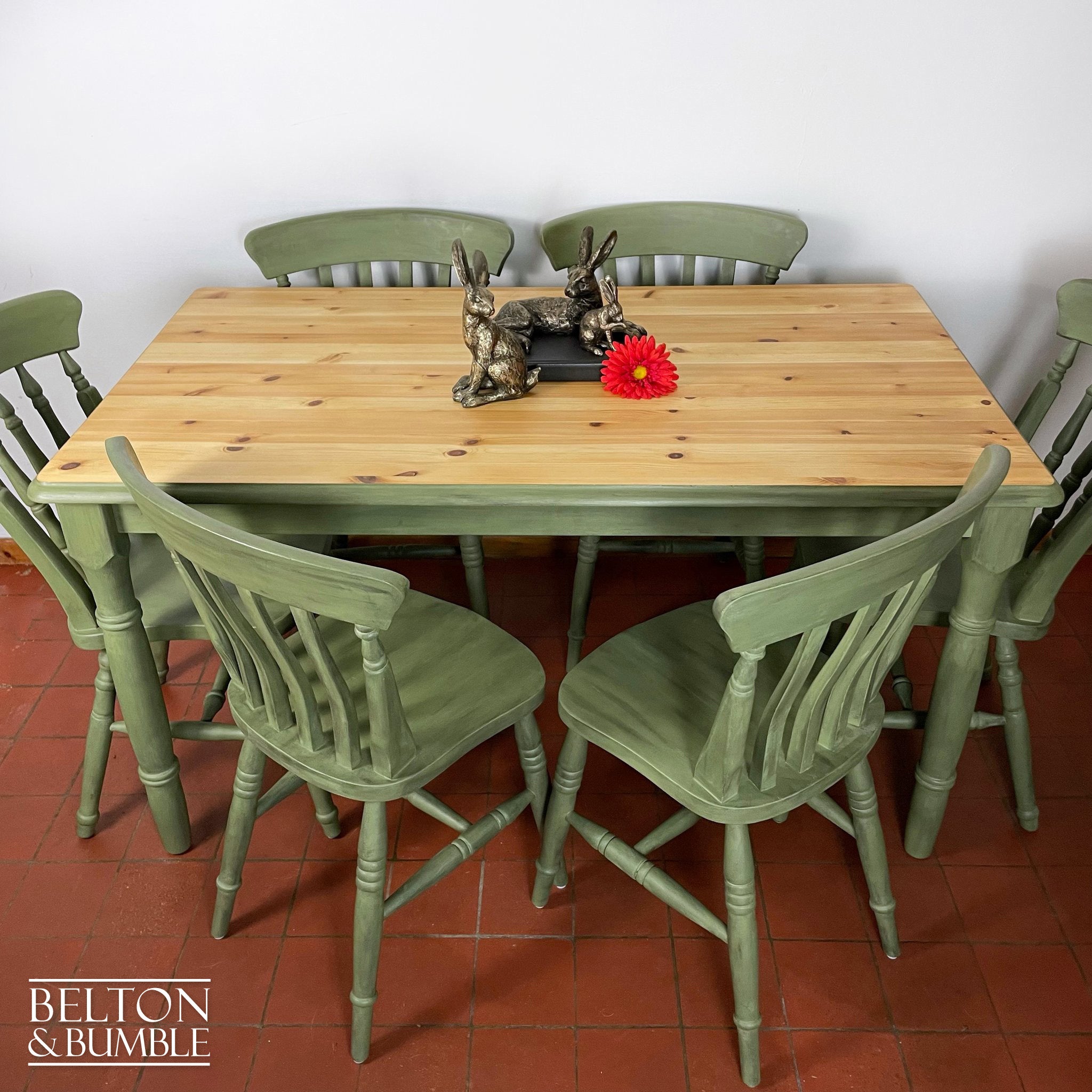 Pine Dining Table and Six Chair Set in Olive Green-Belton & Bumble