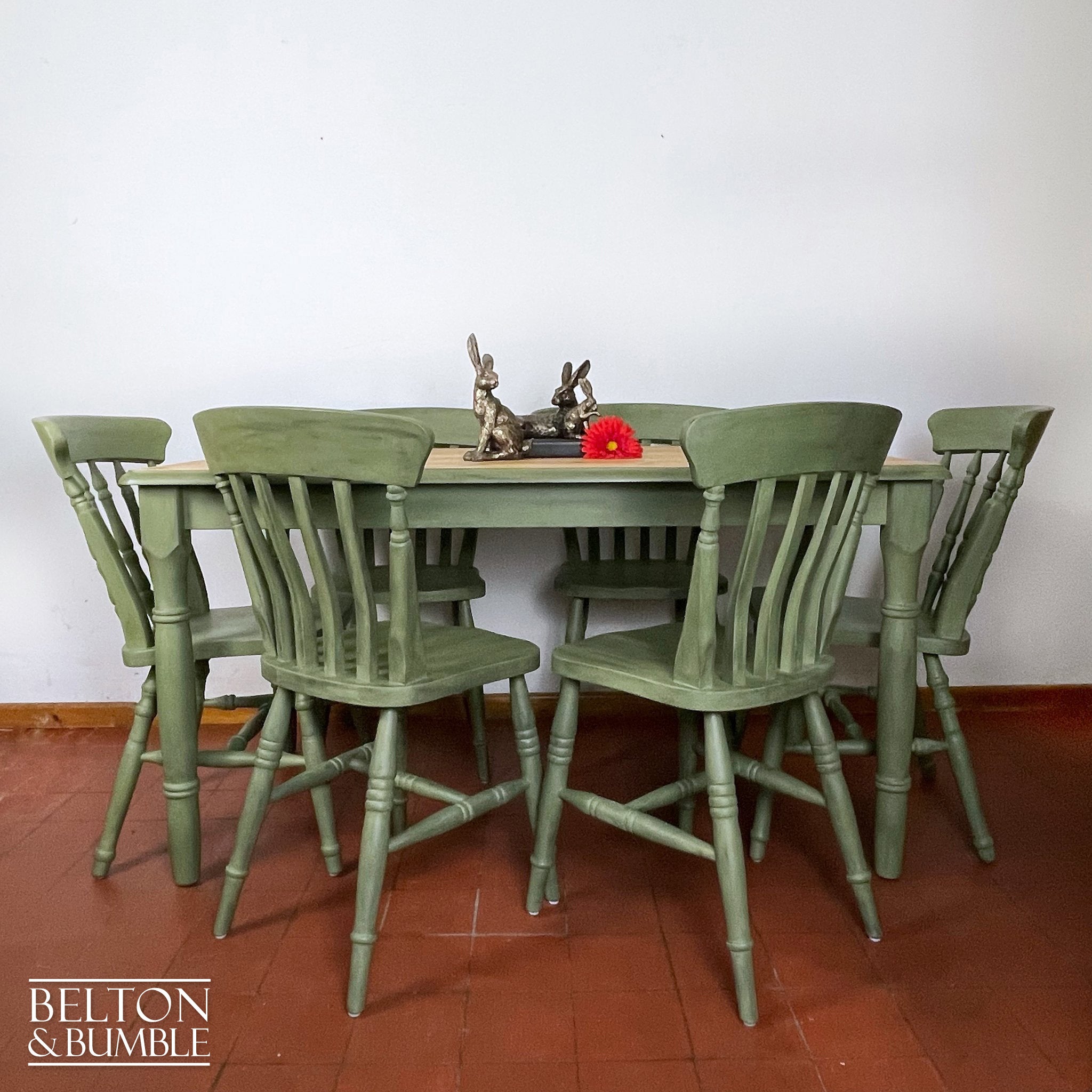 Pine Dining Table and Six Chair Set in Olive Green-Belton & Bumble