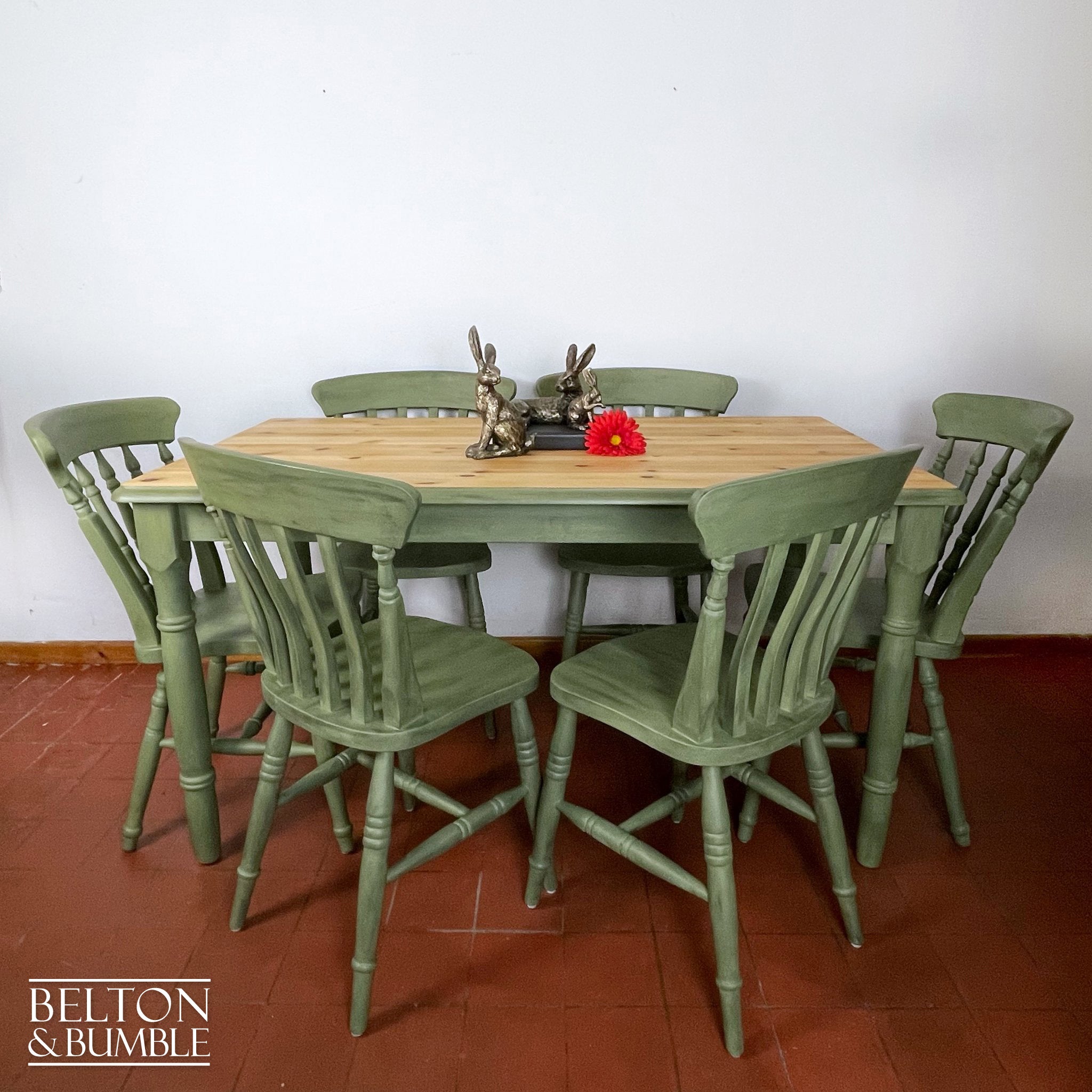 Pine Dining Table and Six Chair Set in Olive Green-Belton & Bumble