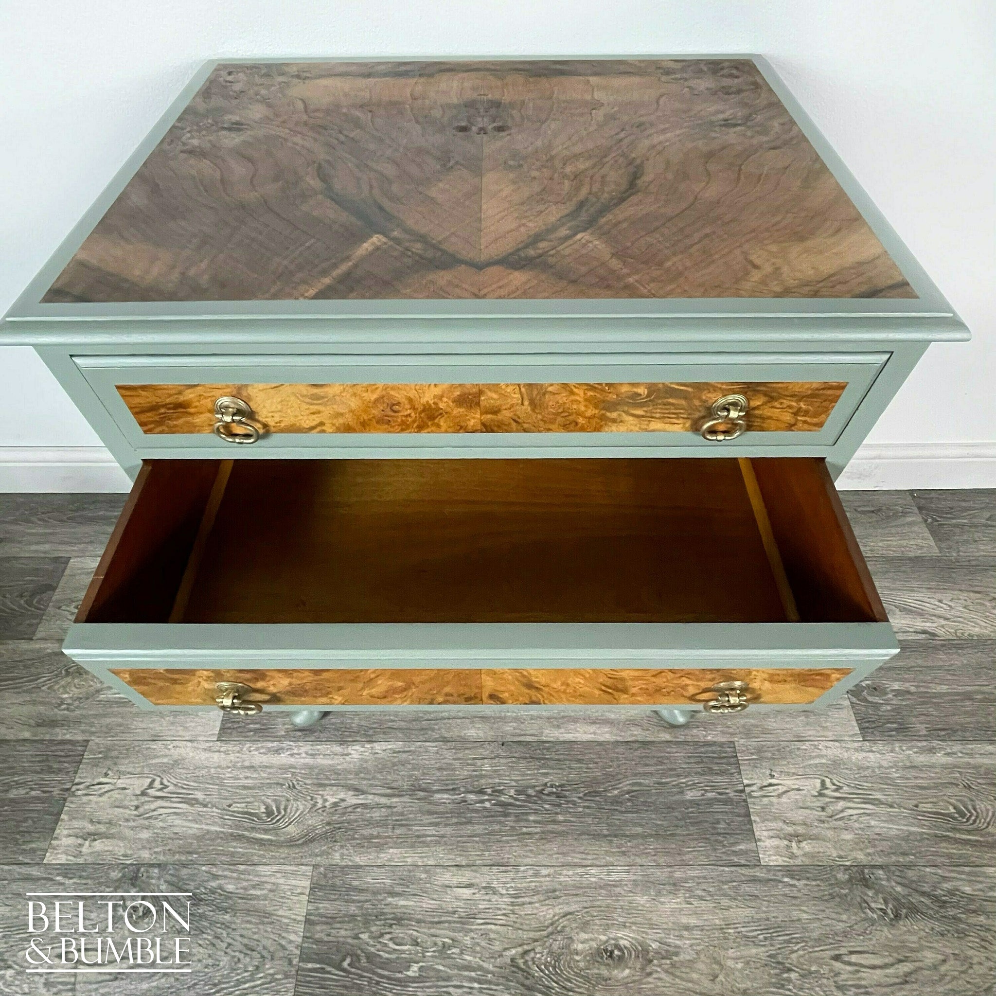 Three Drawer Chest of Drawers in Light Sage Green and Burr Walnut-Belton & Bumble