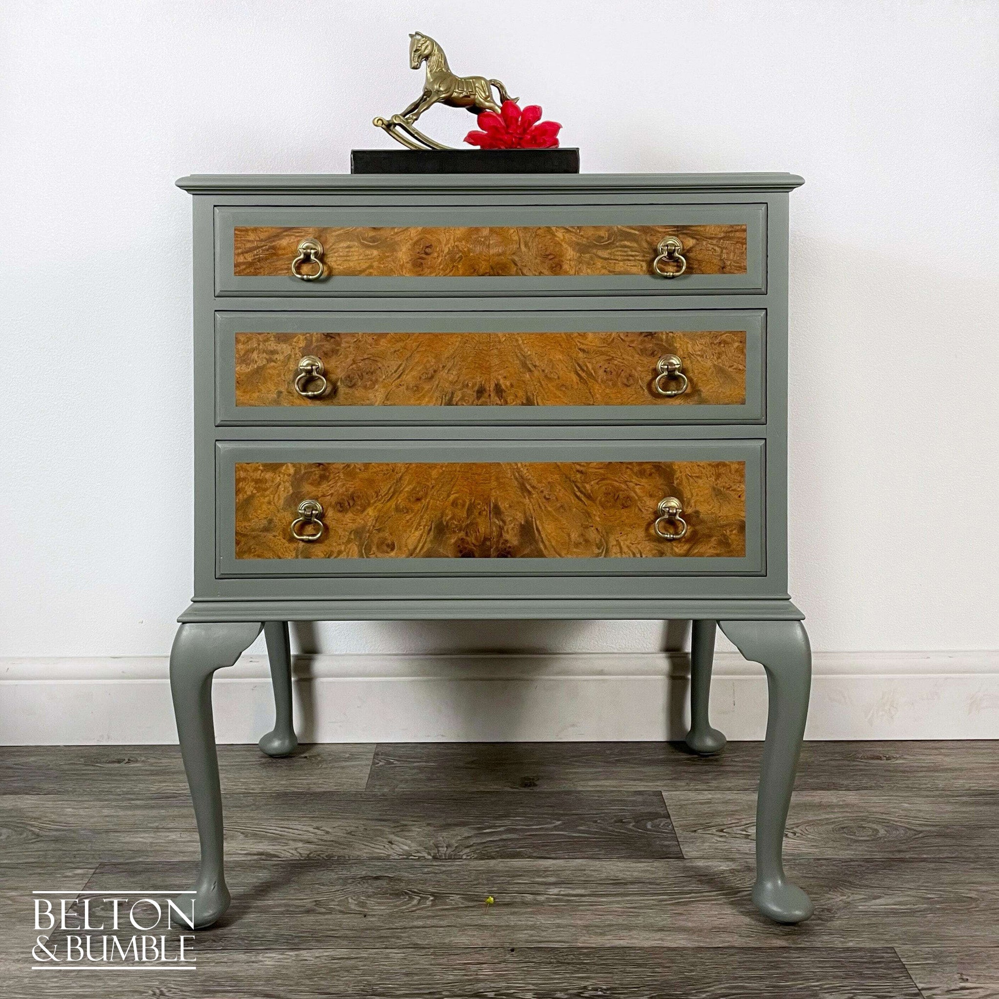 Three Drawer Chest of Drawers in Light Sage Green and Burr Walnut-Belton & Bumble