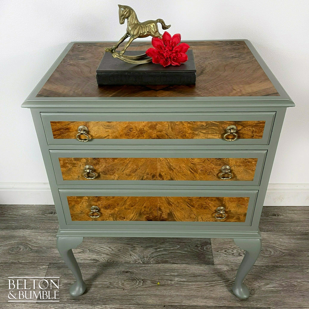 Three Drawer Chest of Drawers in Light Sage Green and Burr Walnut-Belton & Bumble