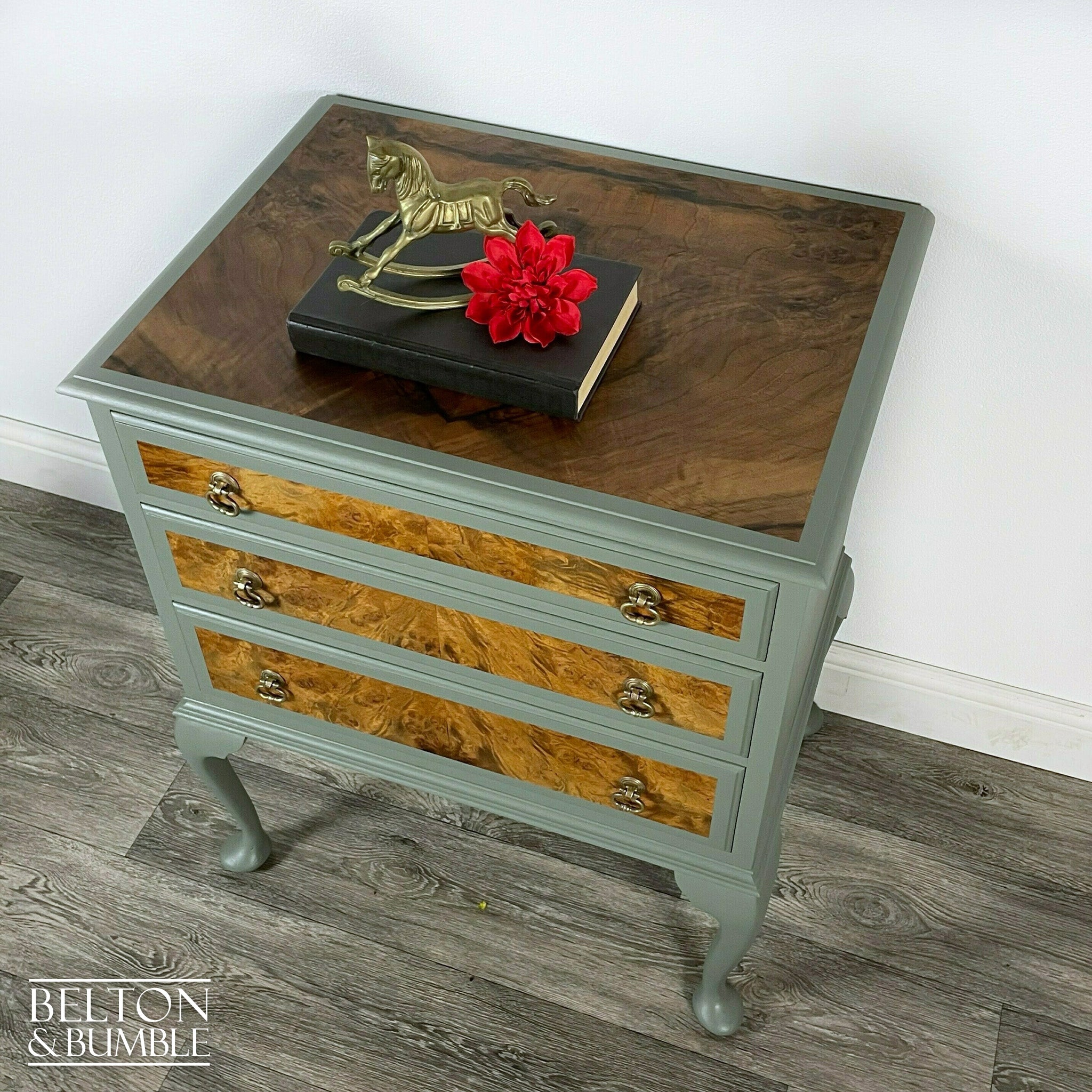 Three Drawer Chest of Drawers in Light Sage Green and Burr Walnut-Belton & Bumble