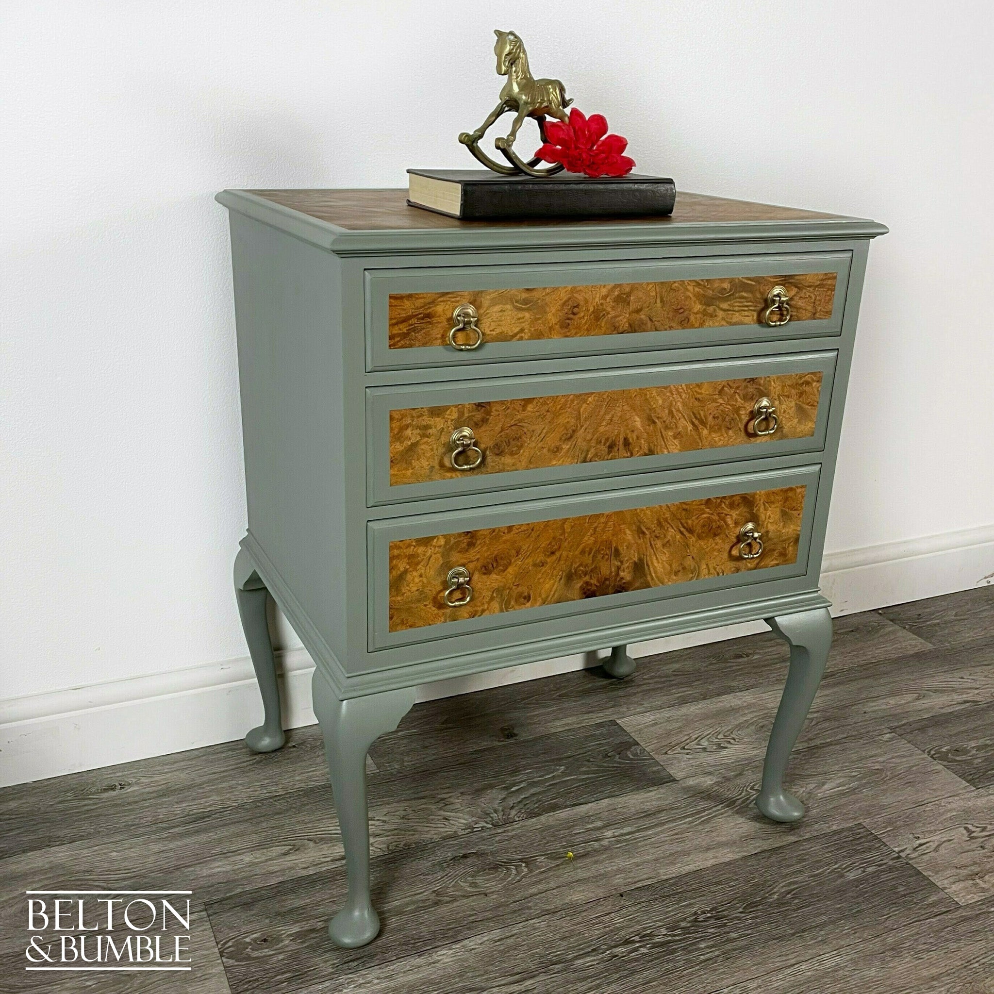 Three Drawer Chest of Drawers in Light Sage Green and Burr Walnut-Belton & Bumble