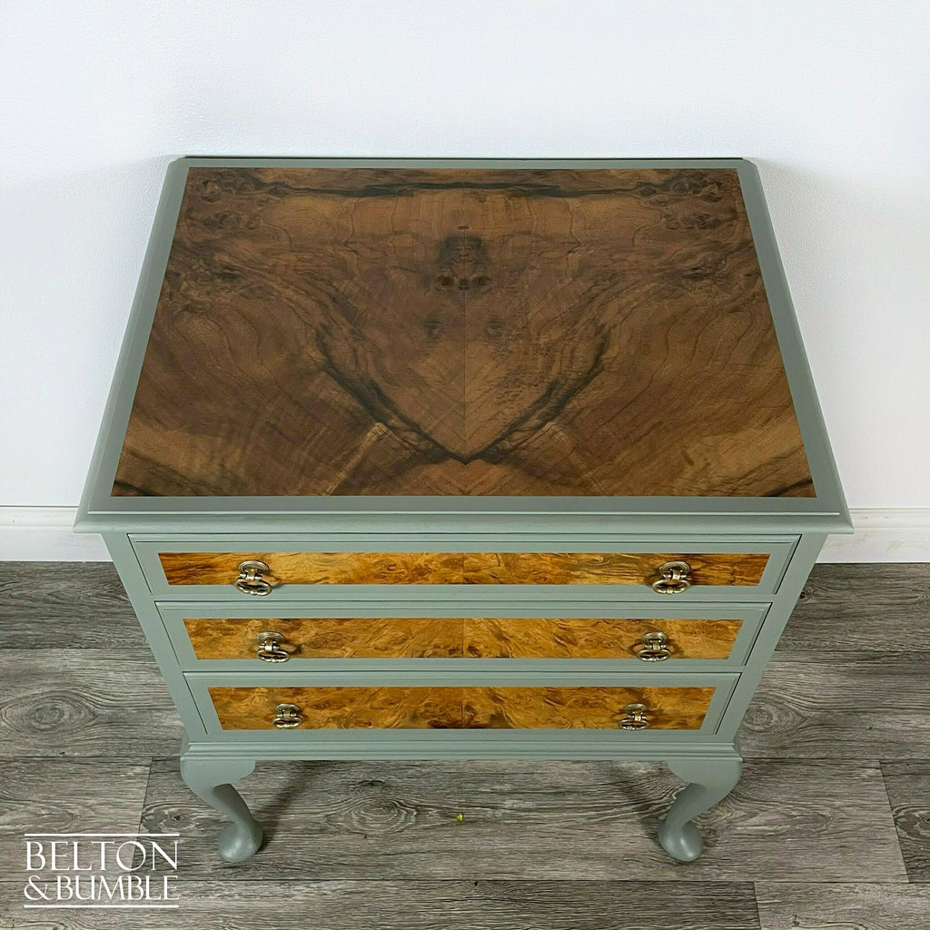 Three Drawer Chest of Drawers in Light Sage Green and Burr Walnut-Belton & Bumble