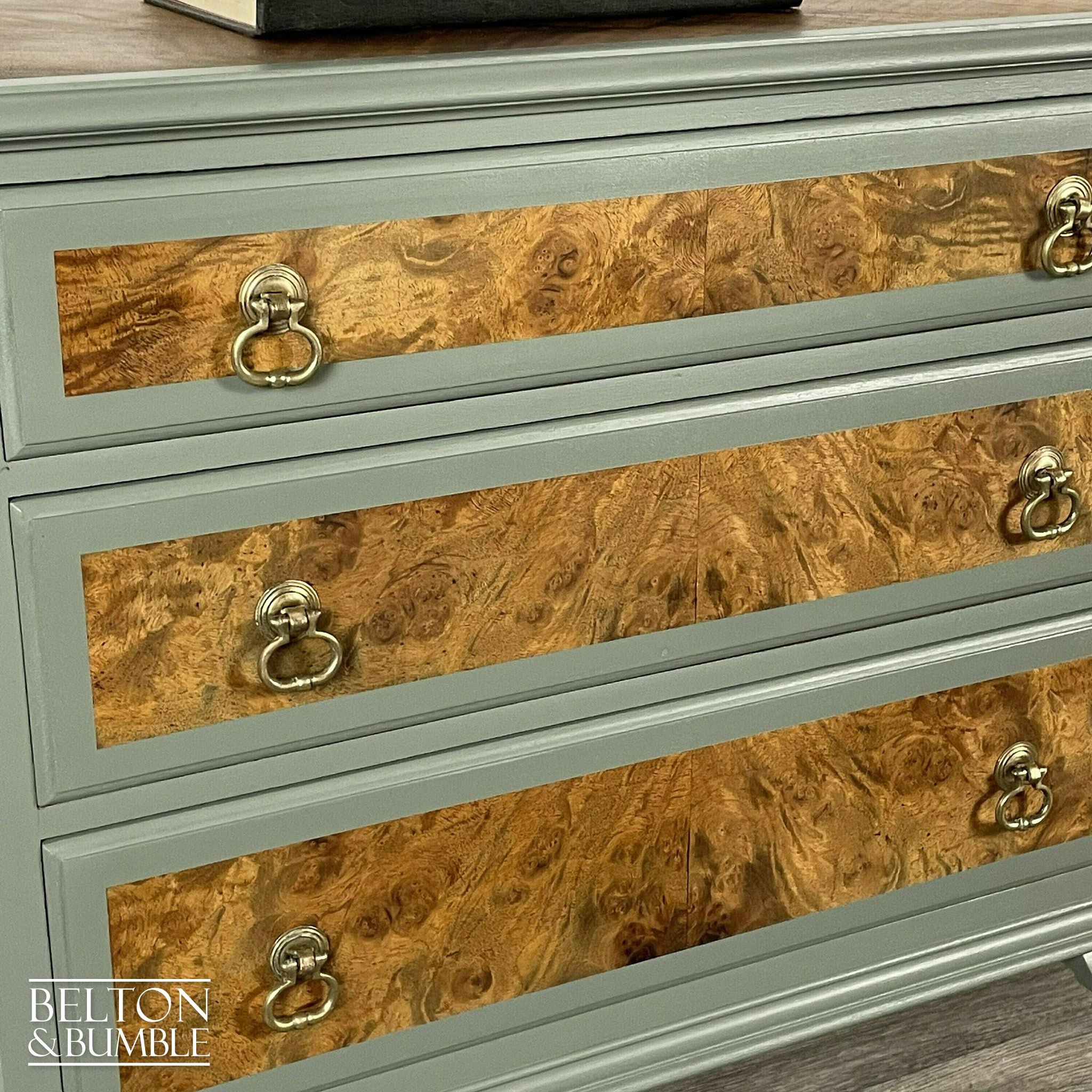 Three Drawer Chest of Drawers in Light Sage Green and Burr Walnut-Belton & Bumble